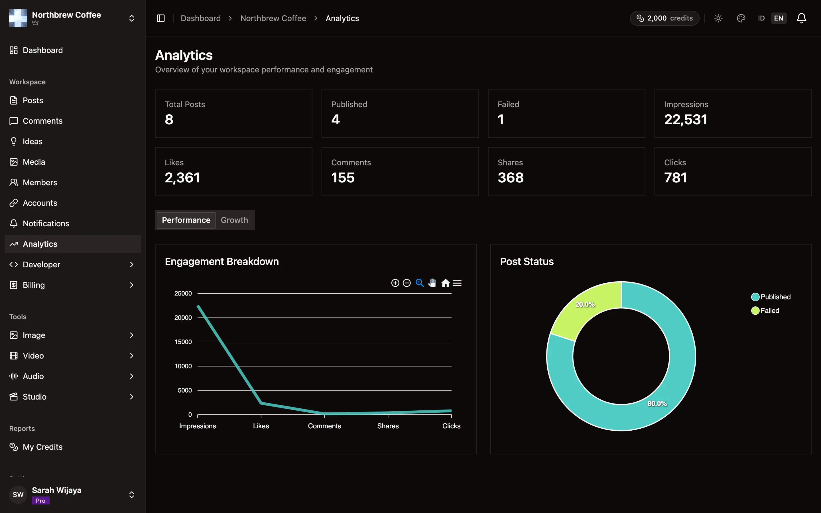 The Analytics page, with eight totals across the top and an engagement breakdown chart below.
