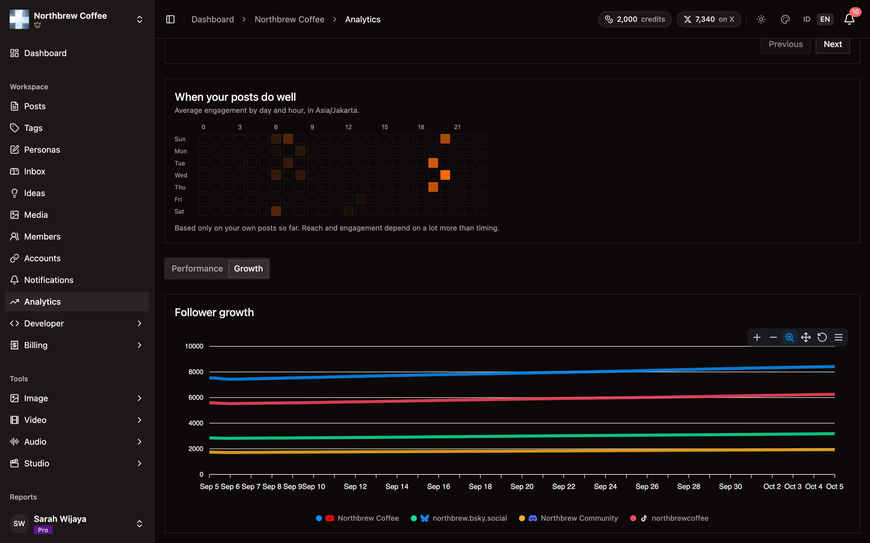 The Growth tab, with a follower line for each connected account.