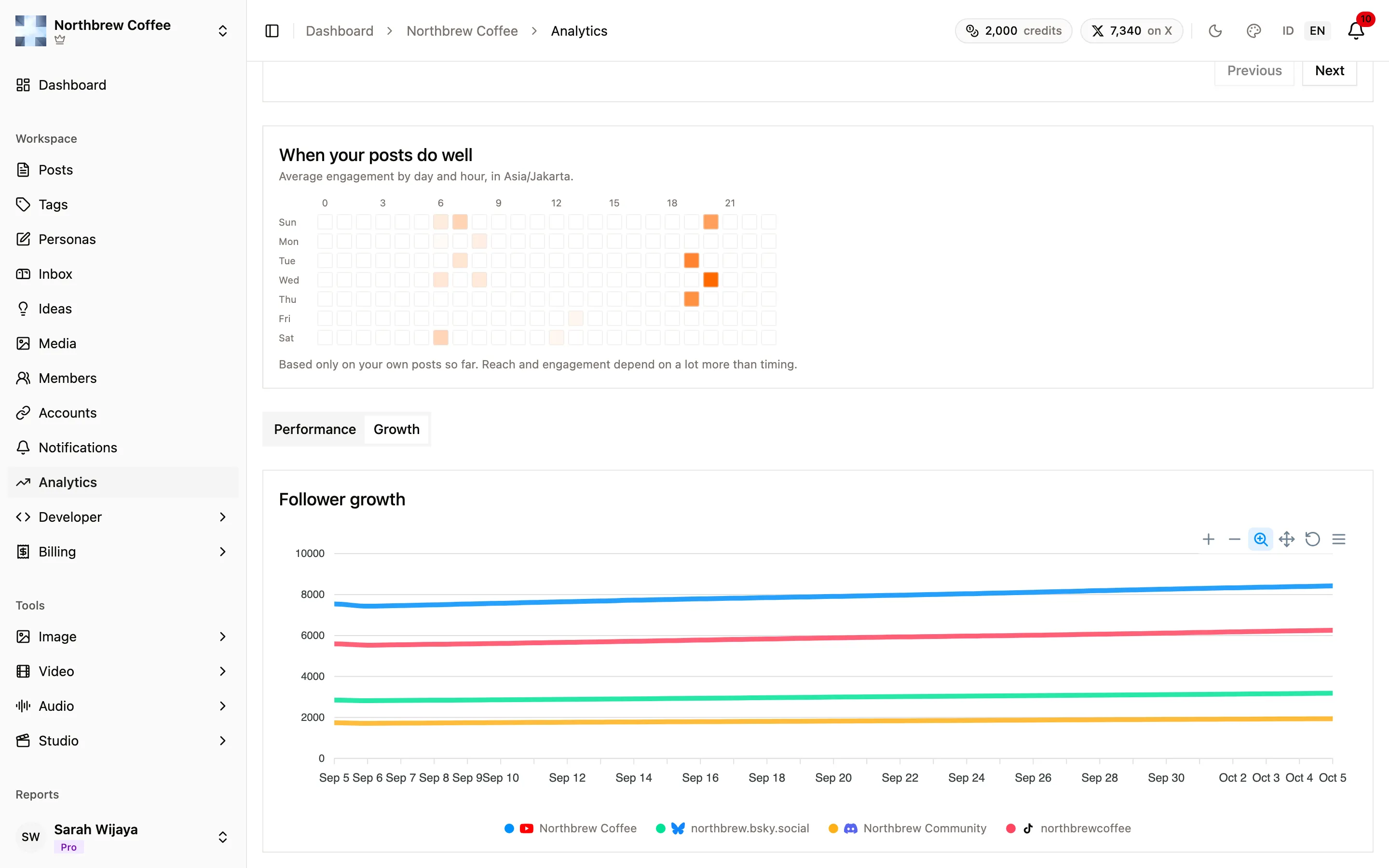The Growth tab, with a follower line for each connected account.