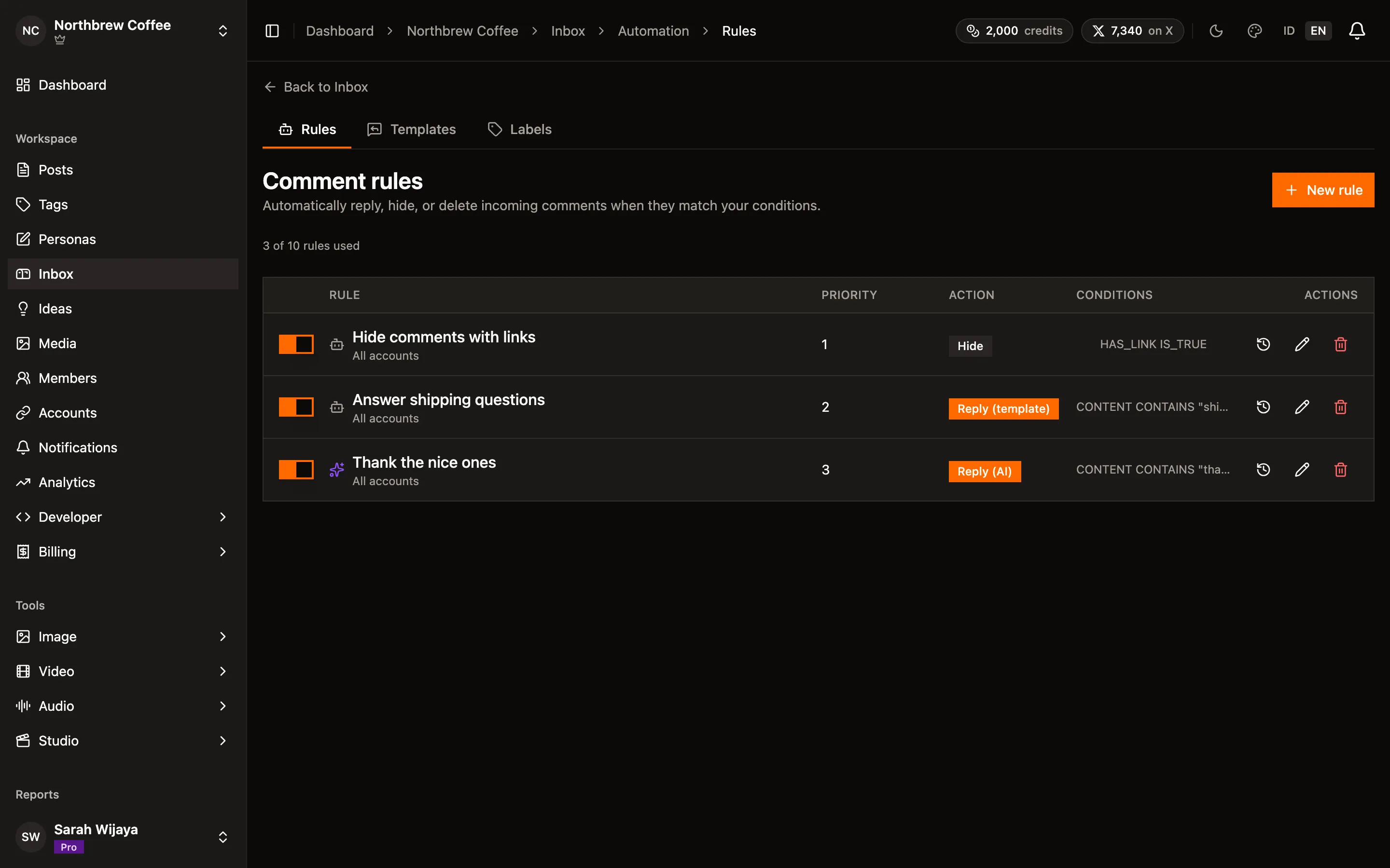 The comment automation rules list with three rules and their conditions.