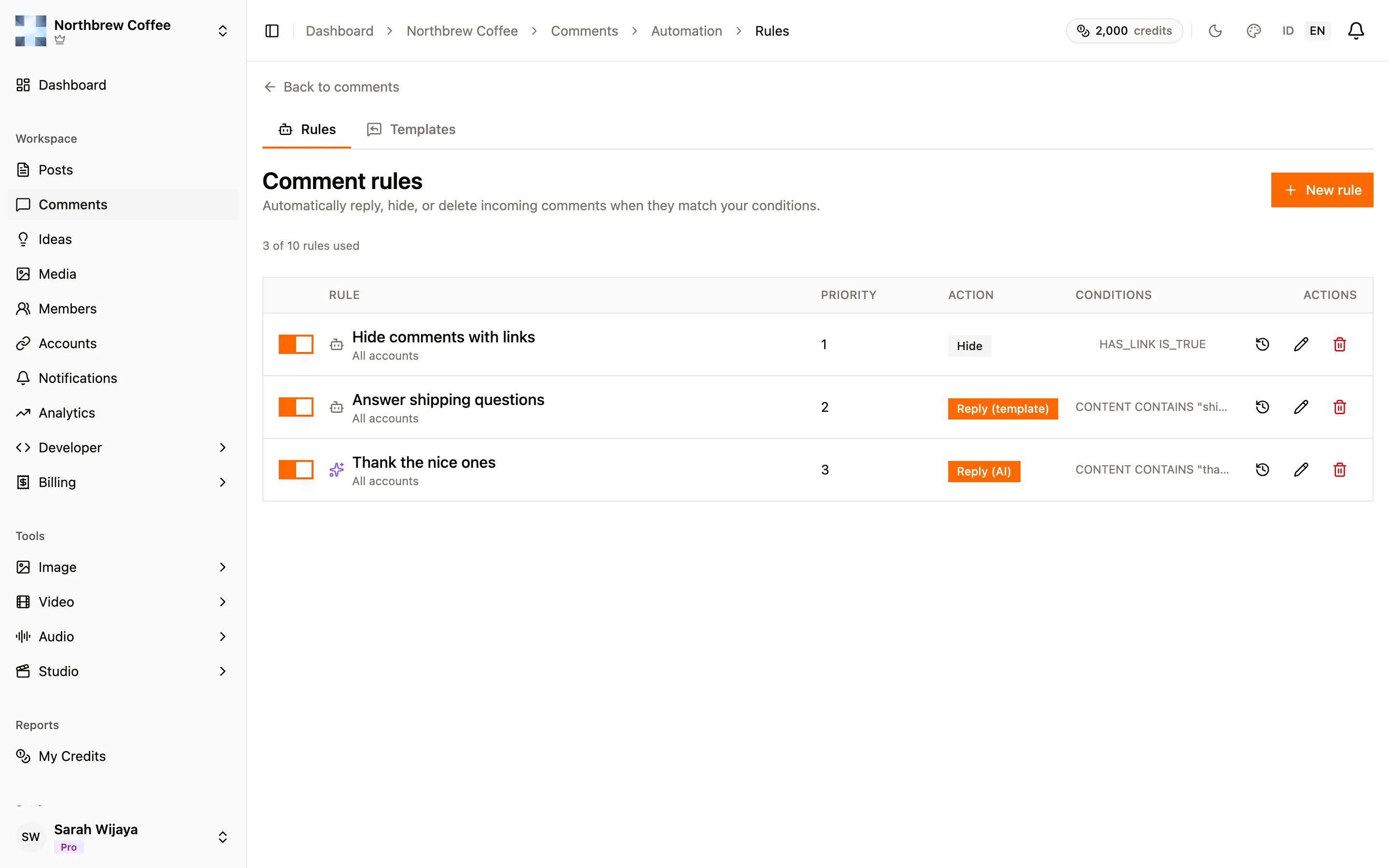 The comment automation rules list with three rules and their conditions.