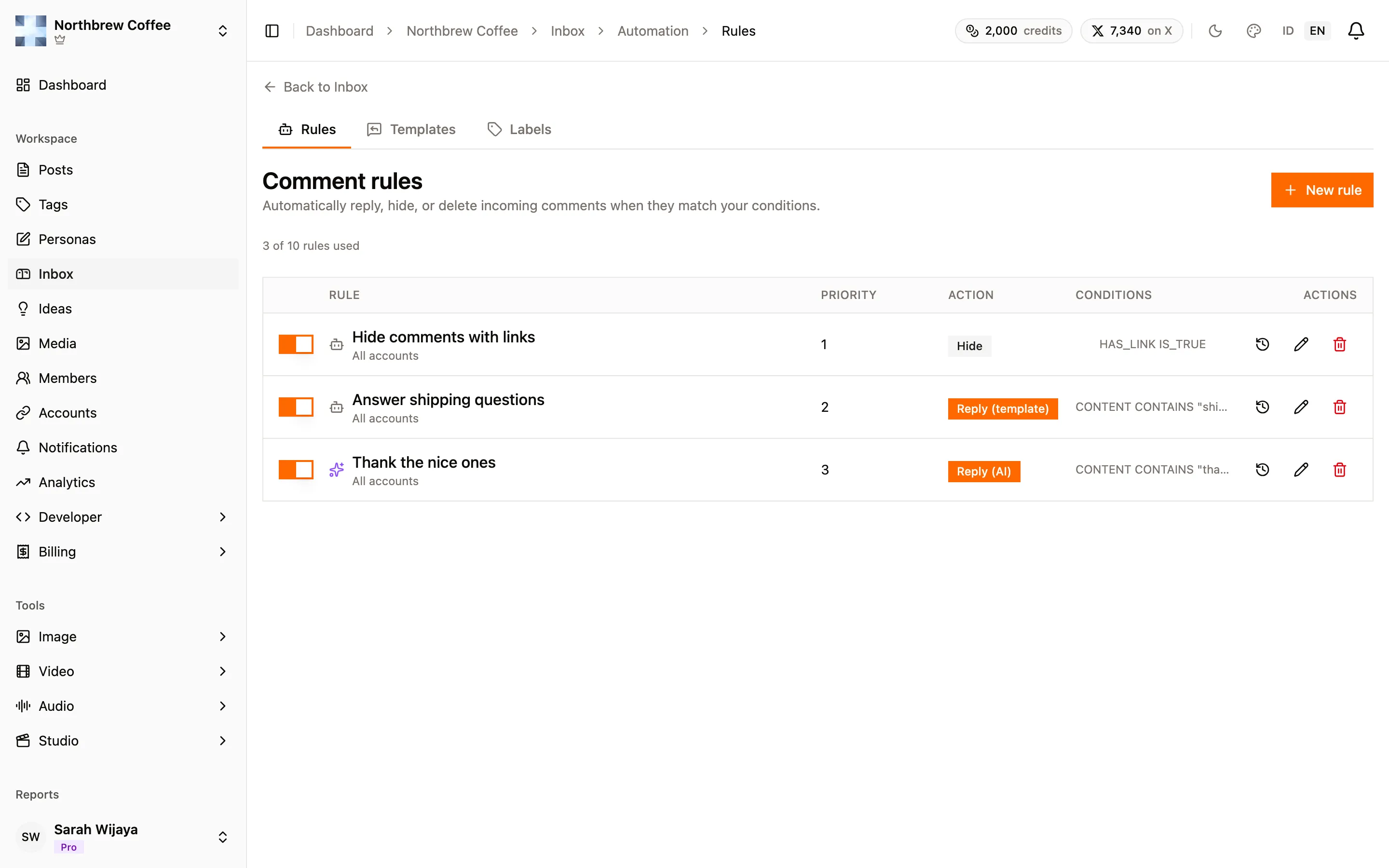 The comment automation rules list with three rules and their conditions.