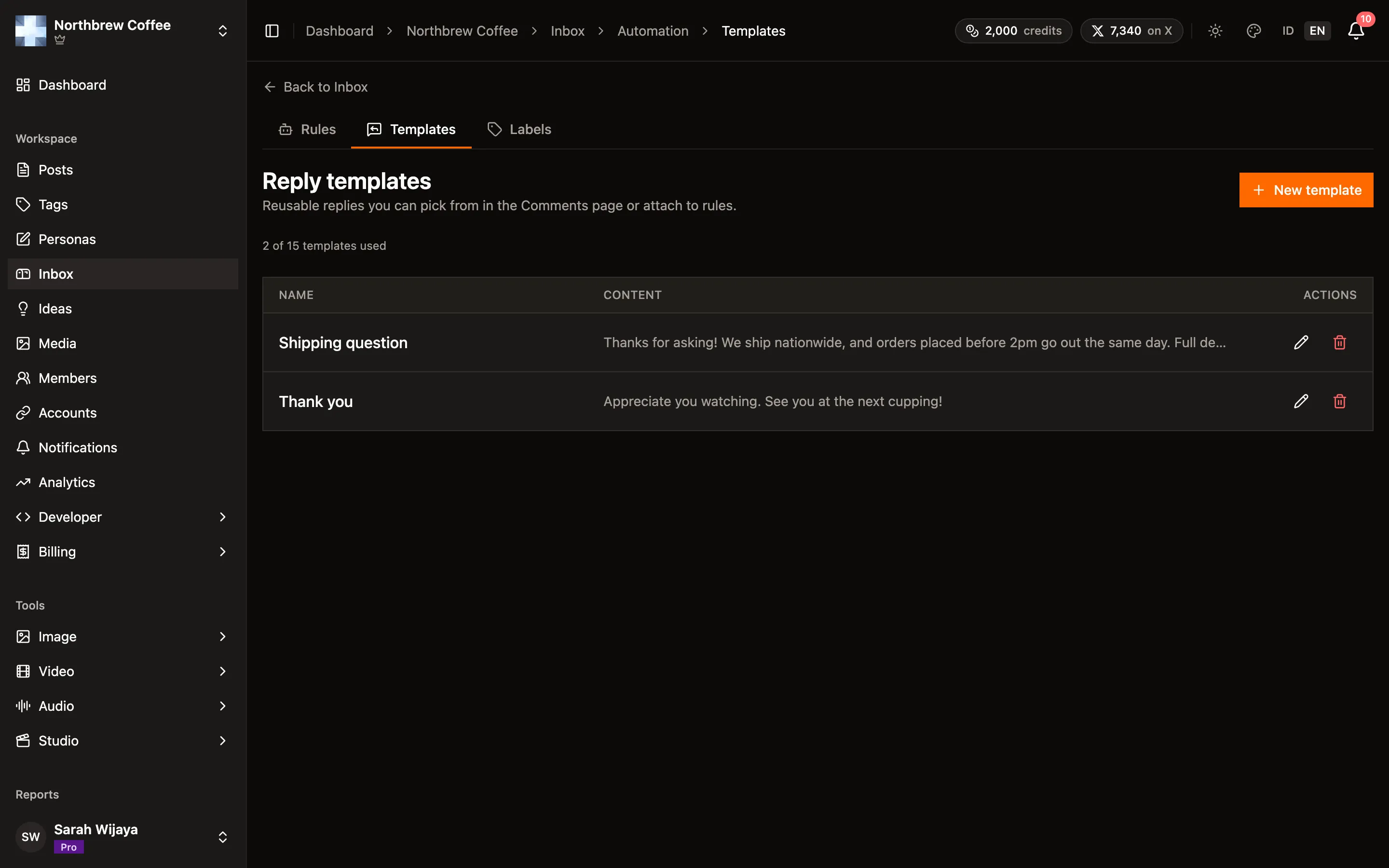 The saved reply templates list.