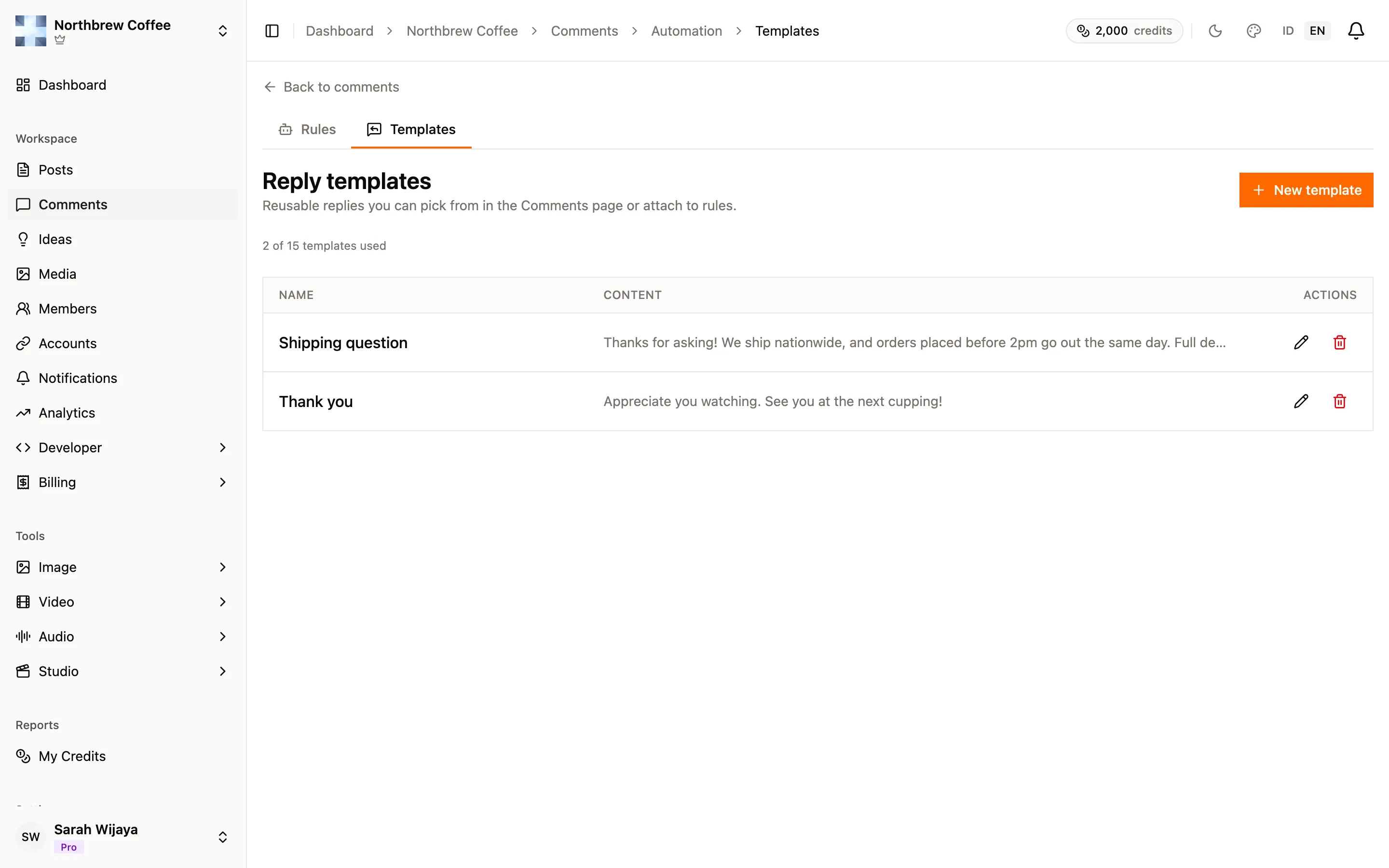 The saved reply templates list.