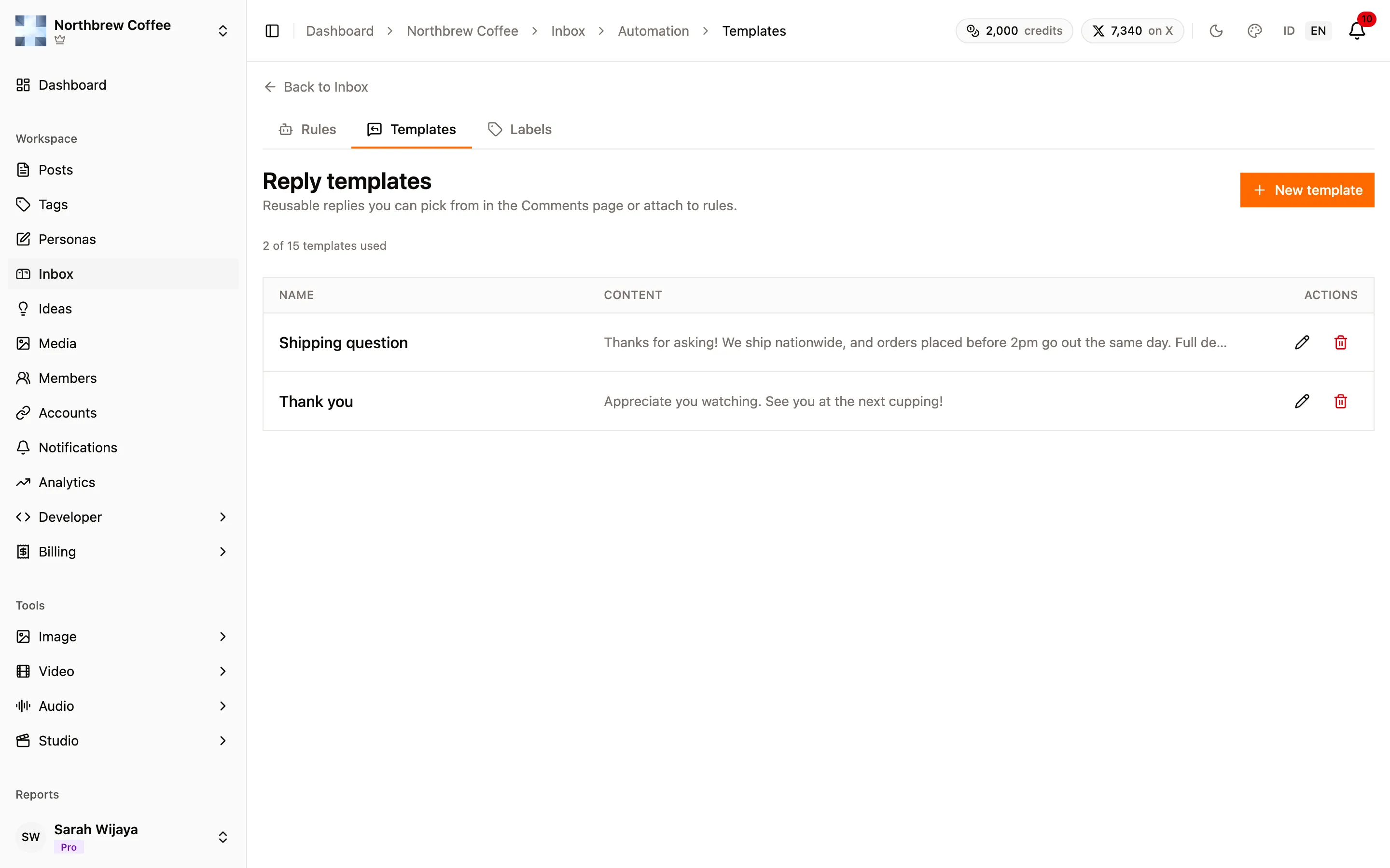 The saved reply templates list.