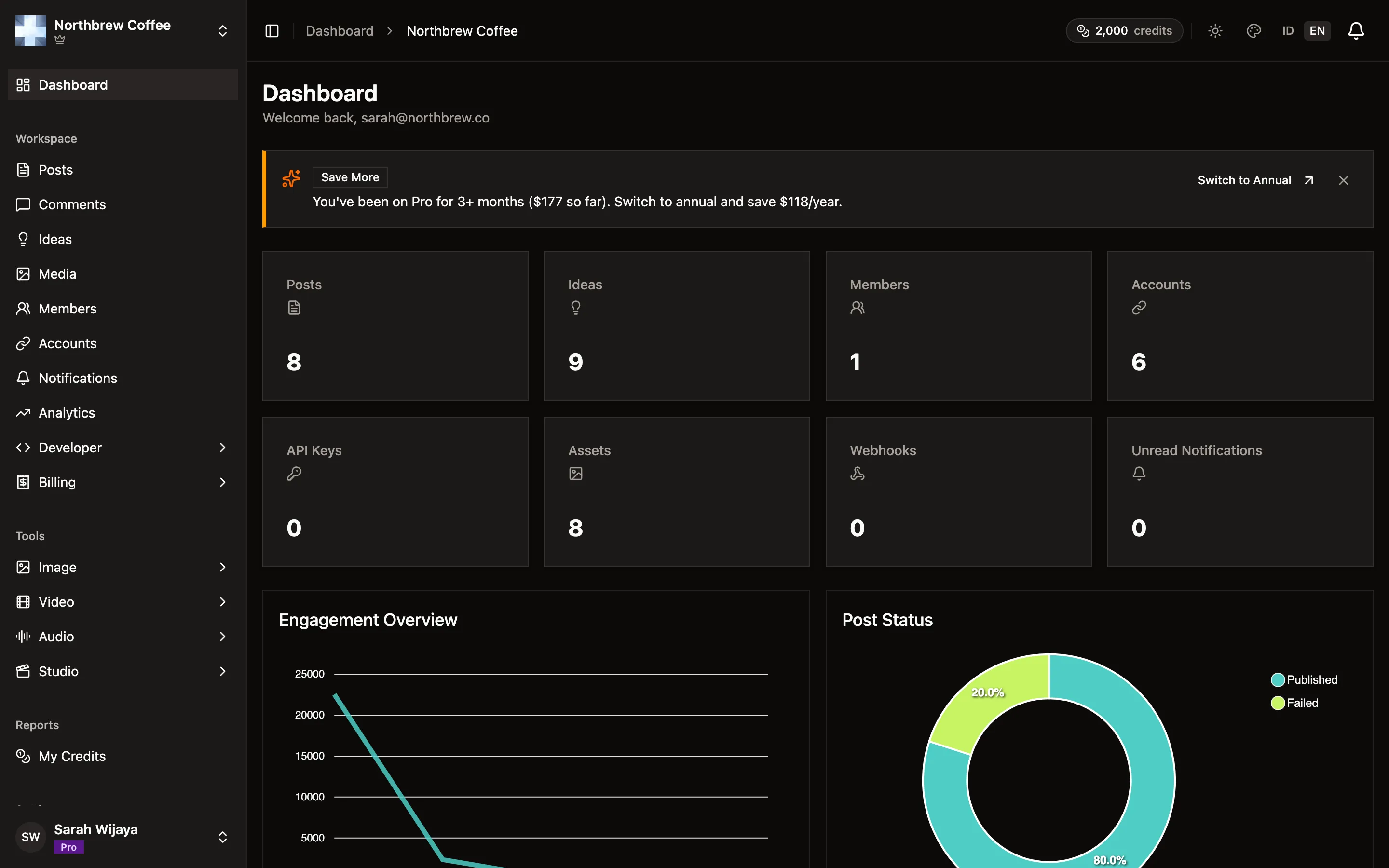 The Publiz dashboard showing post counts, connected accounts, and engagement for a workspace.