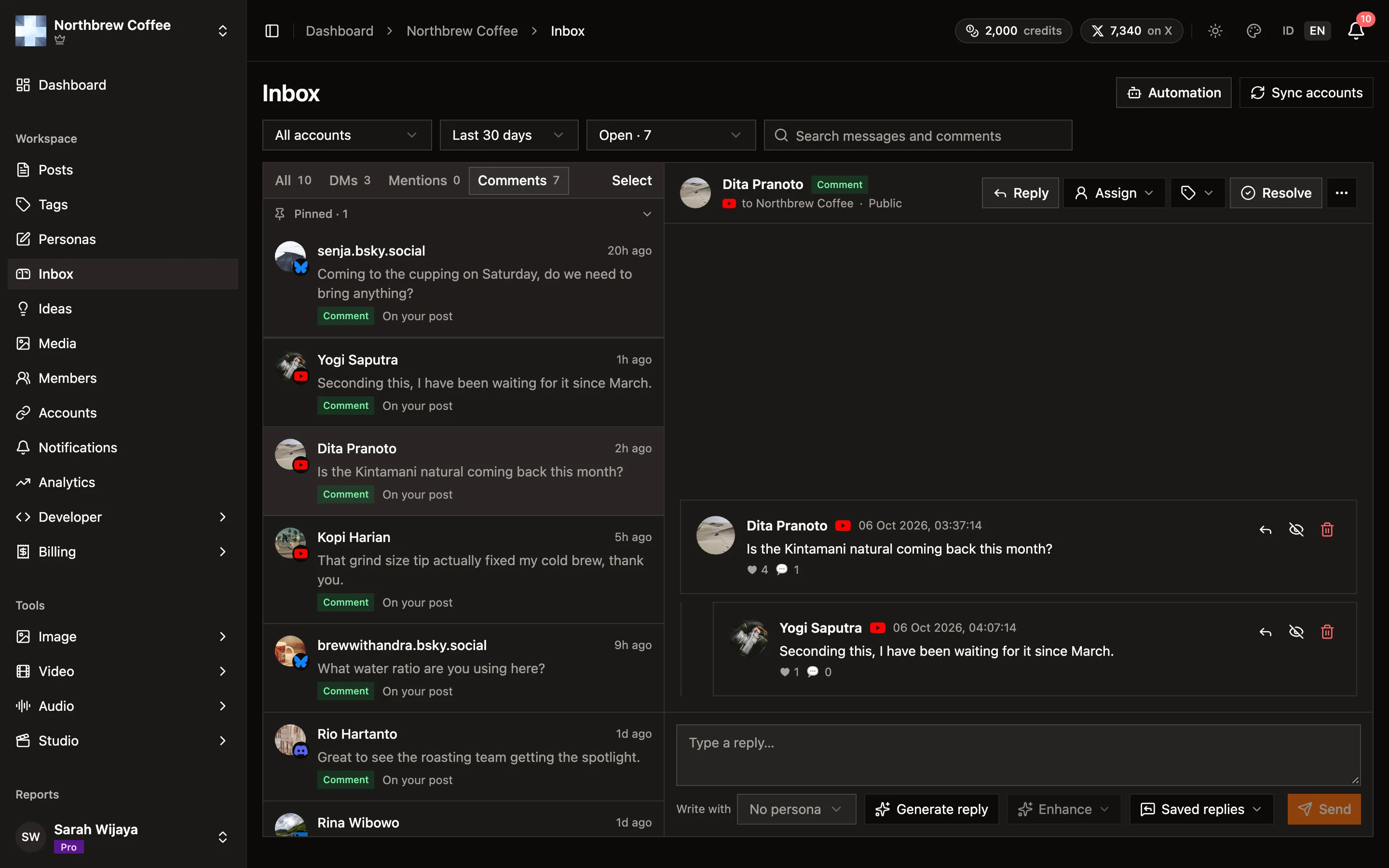 The Comments tab of the Inbox with a YouTube comment open and a reply nested under it.
