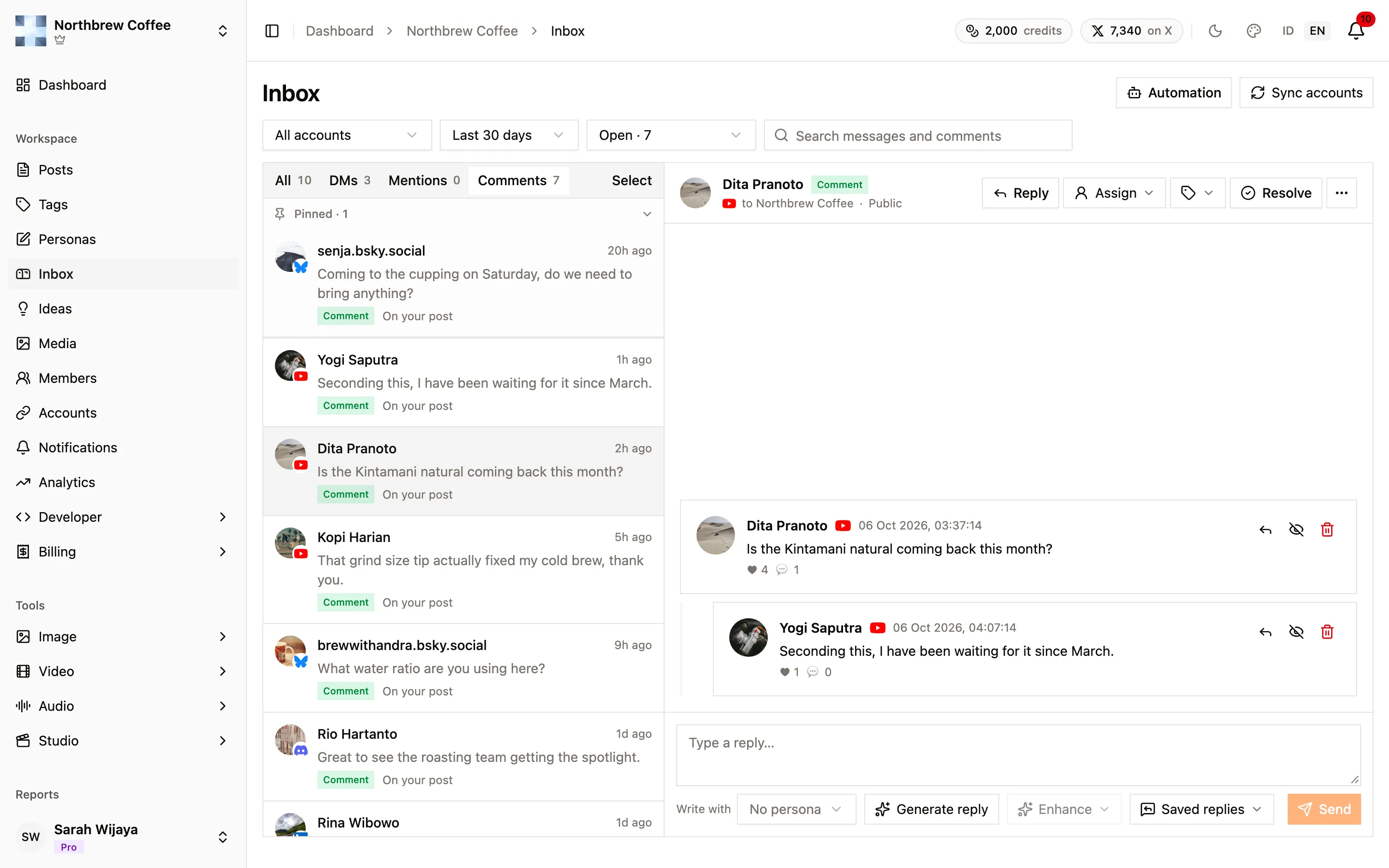 The Comments tab of the Inbox with a YouTube comment open and a reply nested under it.
