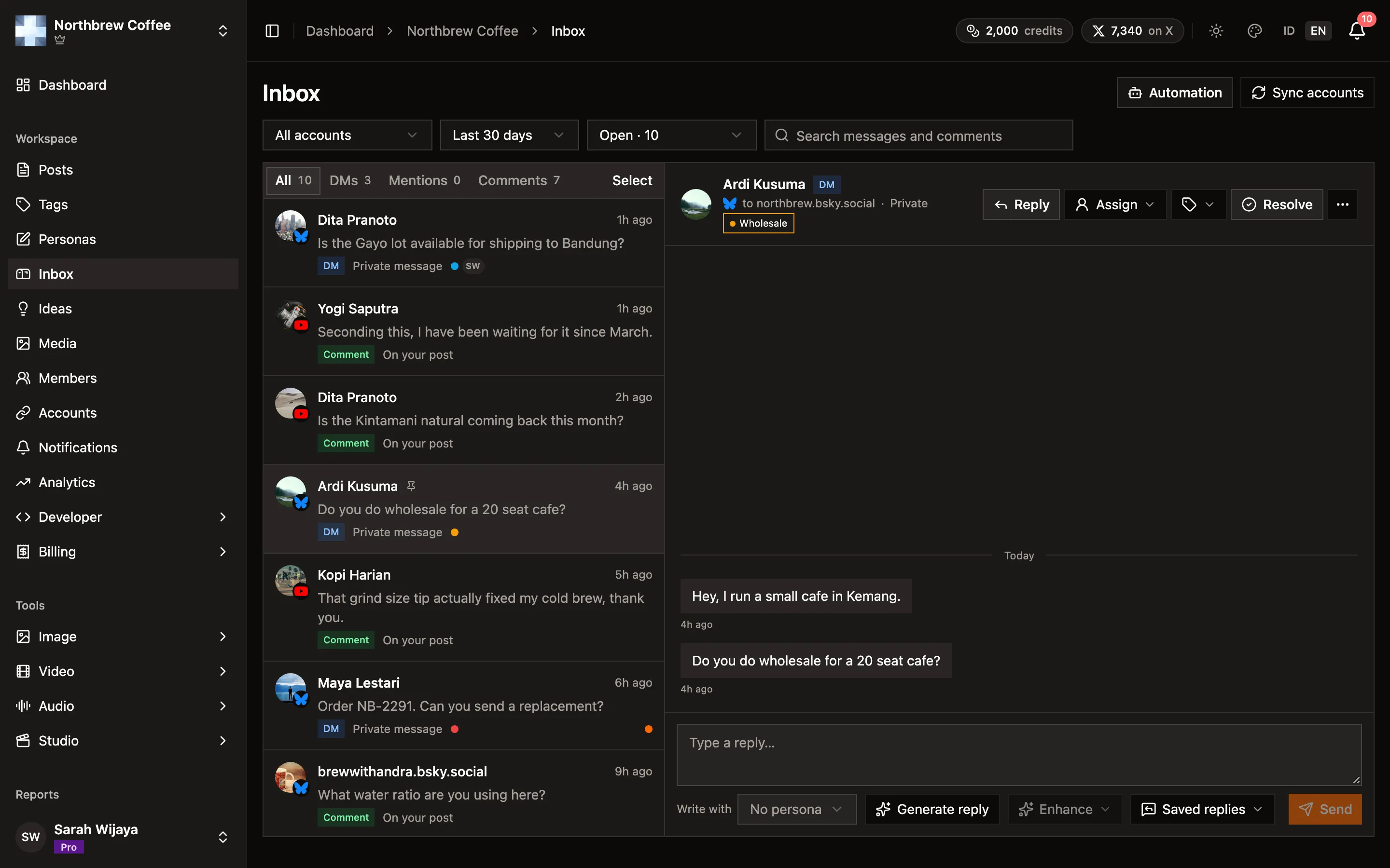 The Inbox with a list of DMs and comments on the left and an open Bluesky conversation on the right.