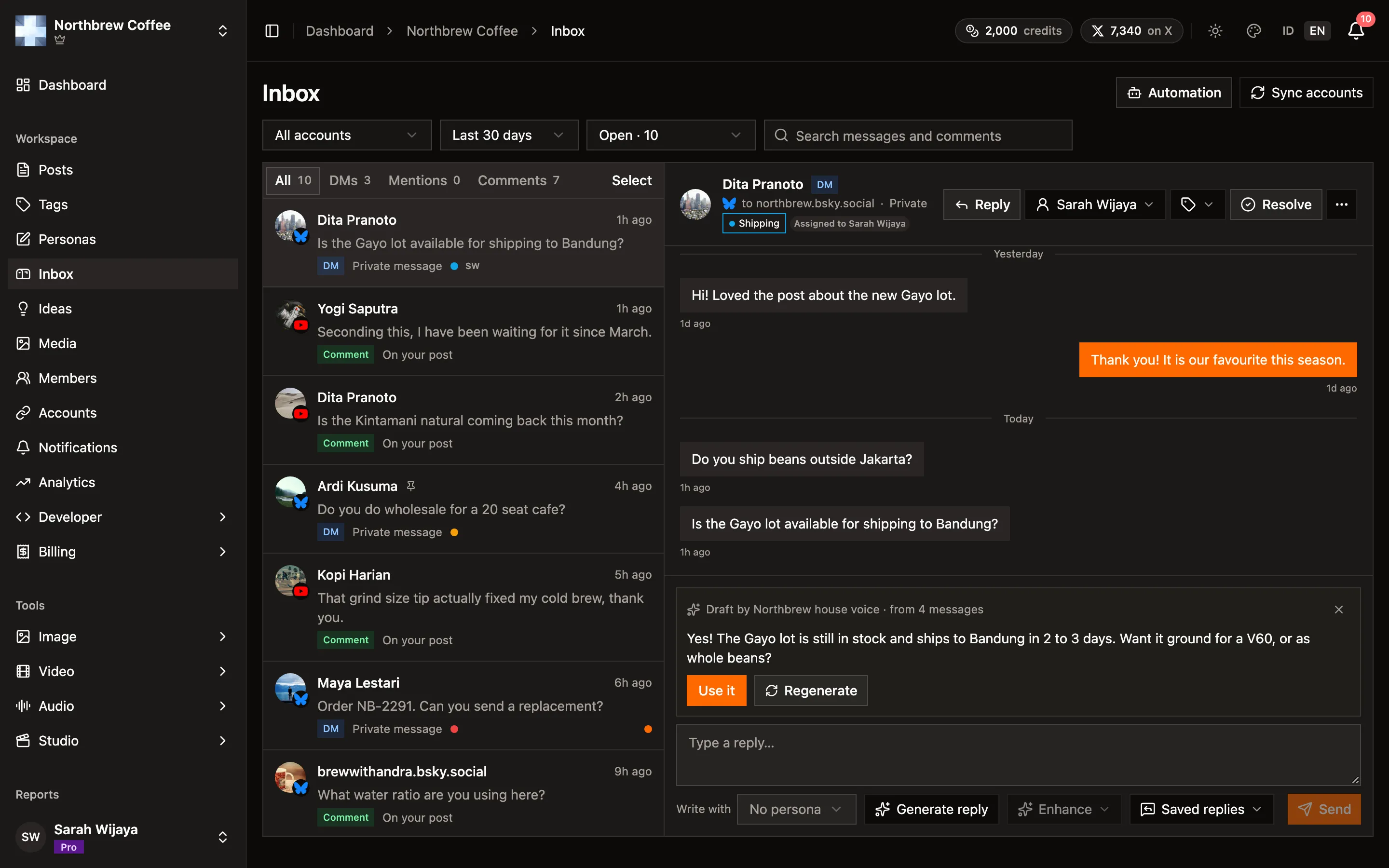An AI reply draft card above the reply box, with Use it and Regenerate buttons.