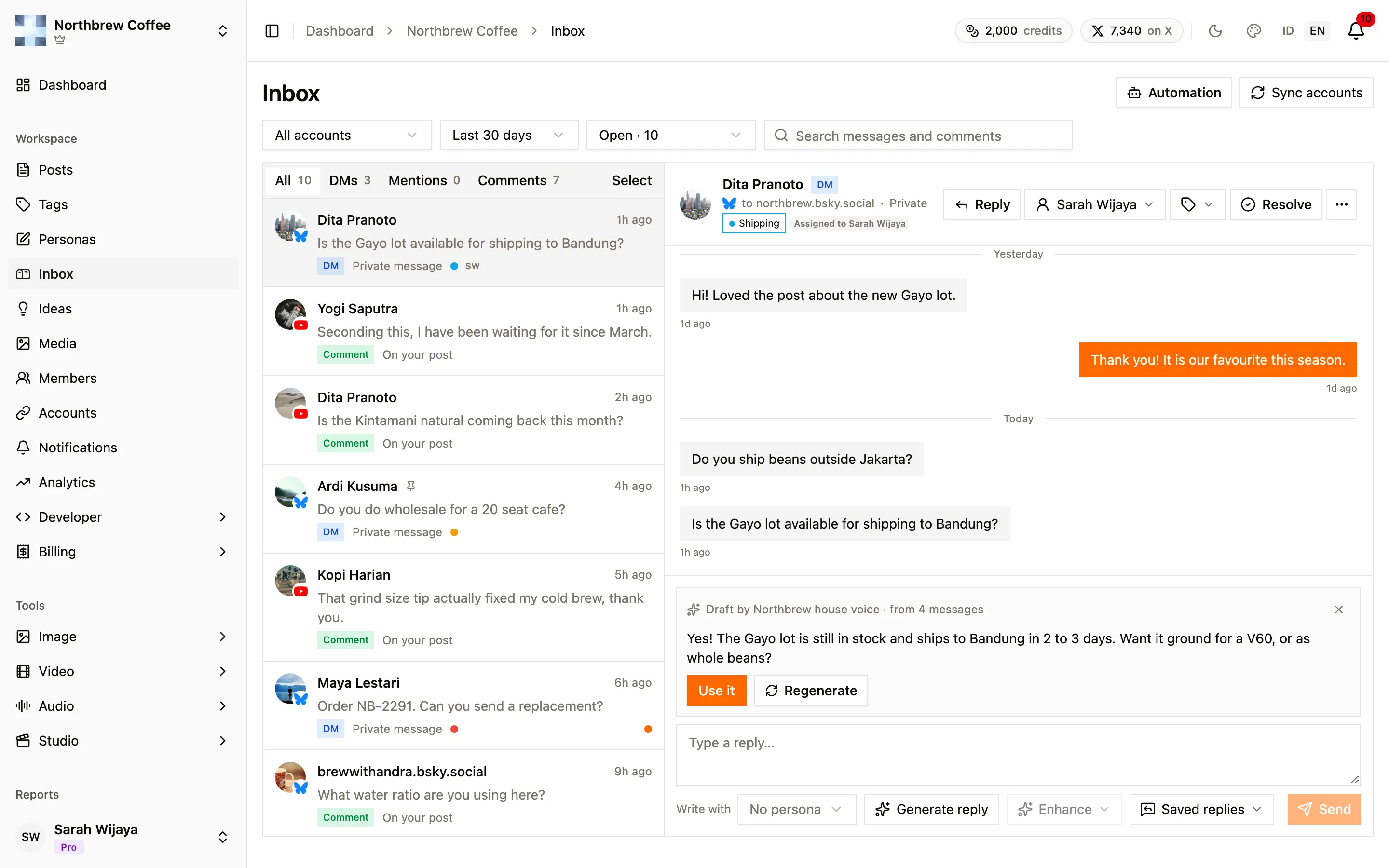 An AI reply draft card above the reply box, with Use it and Regenerate buttons.
