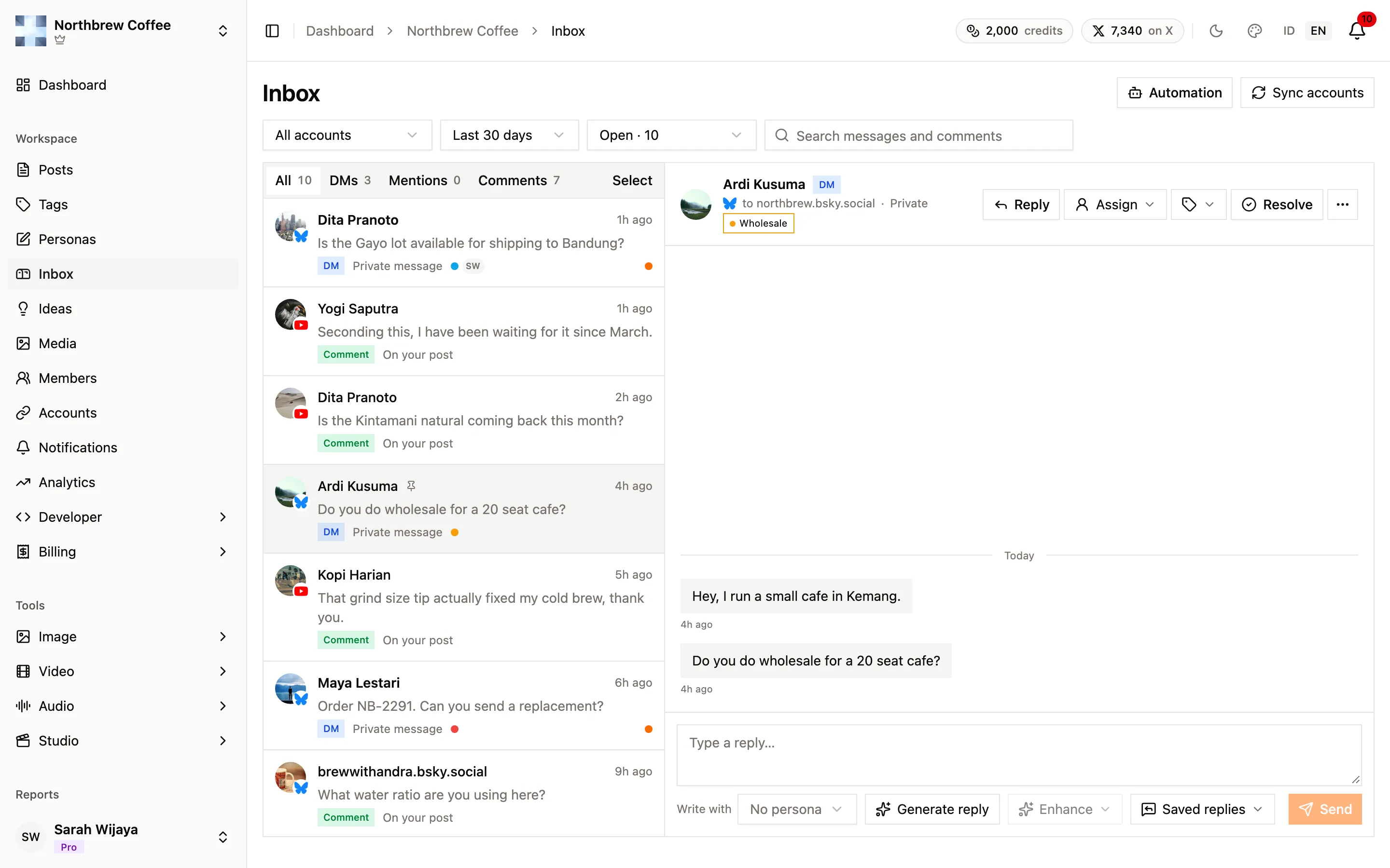 The Inbox with a list of DMs and comments on the left and an open Bluesky conversation on the right.