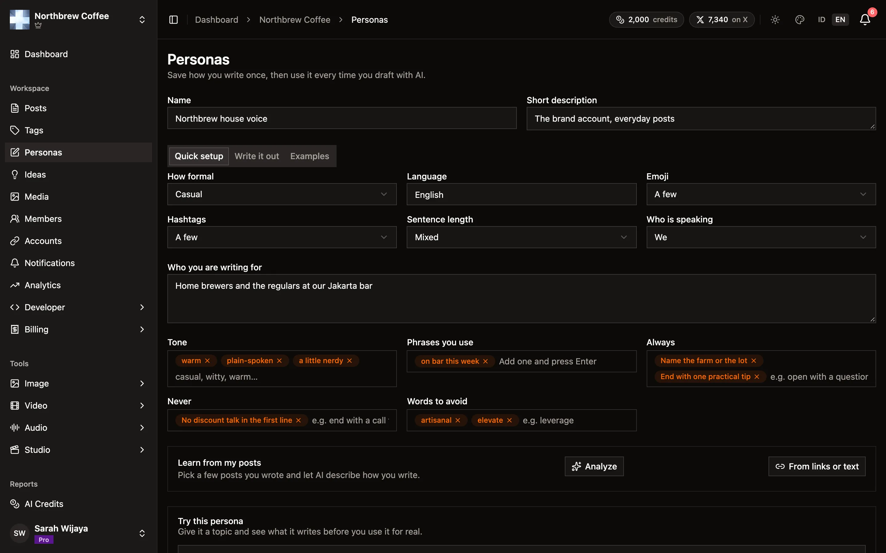 The persona editor open on the Quick setup tab, with tone, formality and emoji settings.