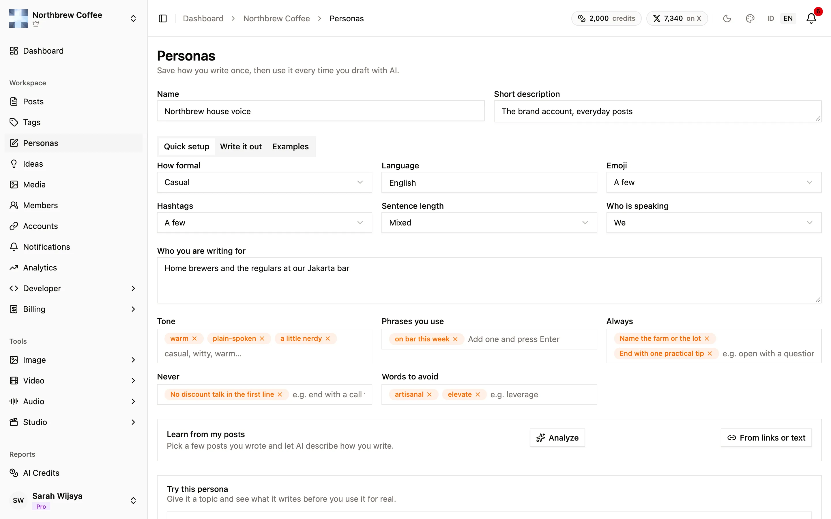 The persona editor open on the Quick setup tab, with tone, formality and emoji settings.