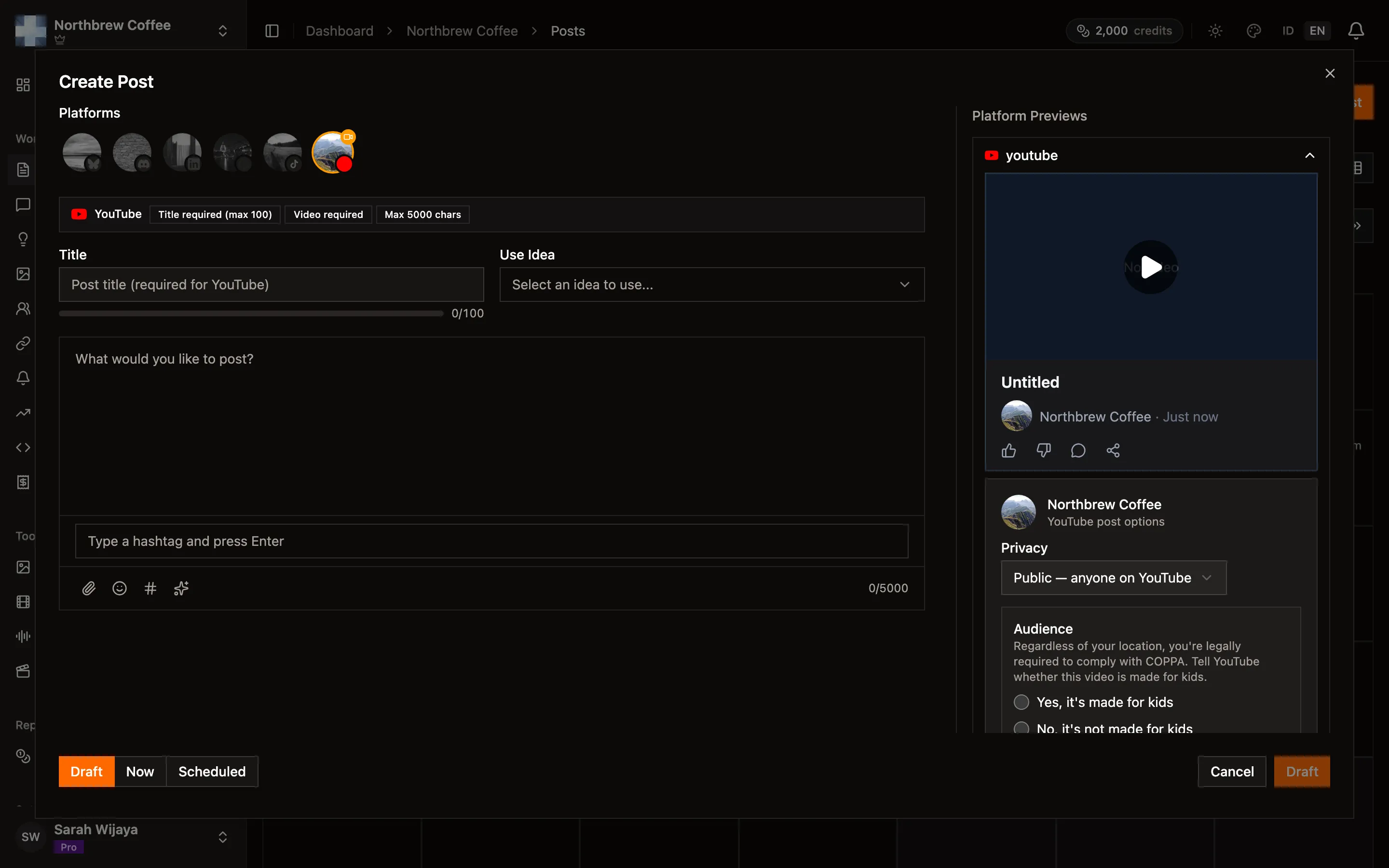 The post composer with a platform selected and its preview on the right.