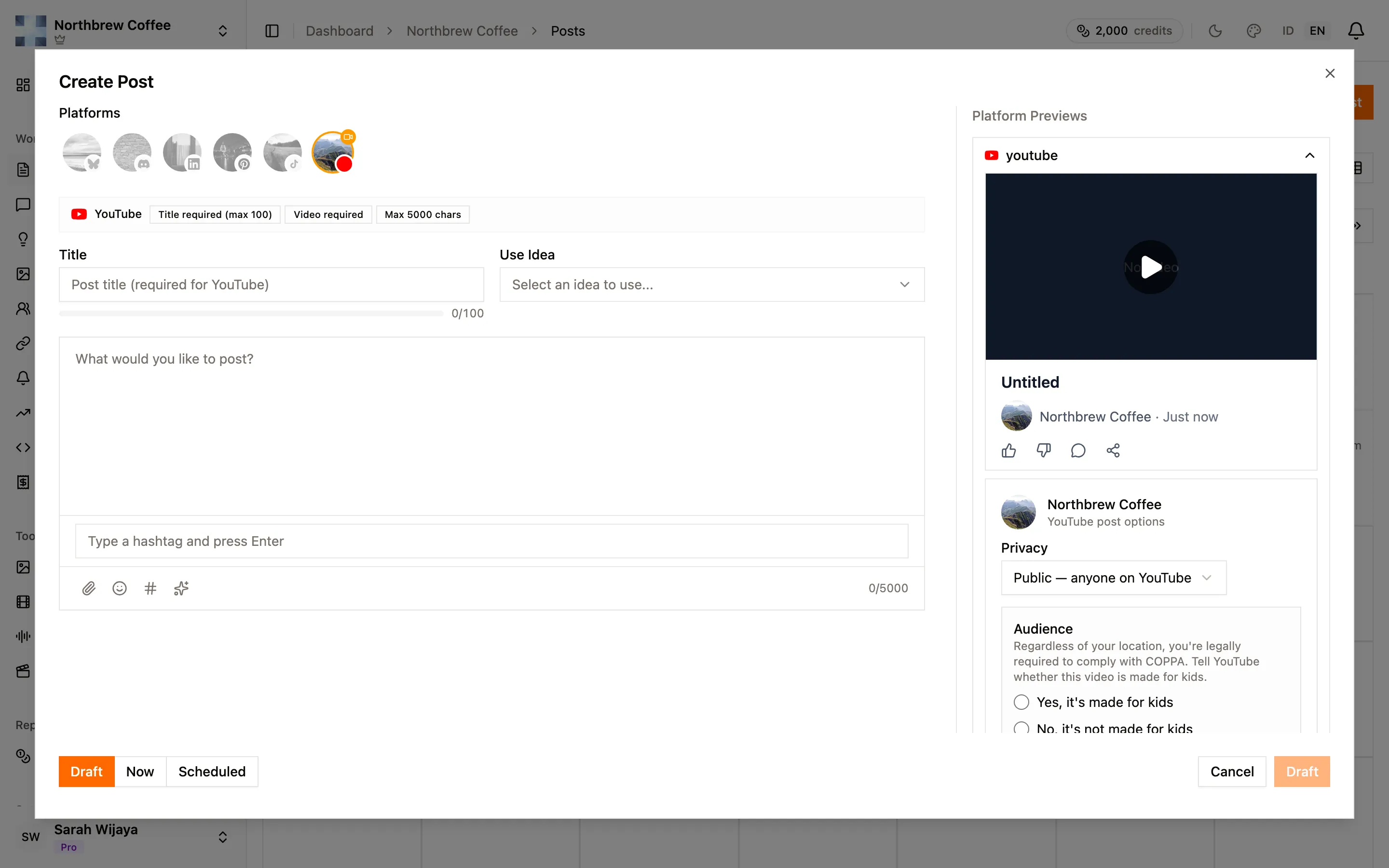 The post composer with a platform selected and its preview on the right.