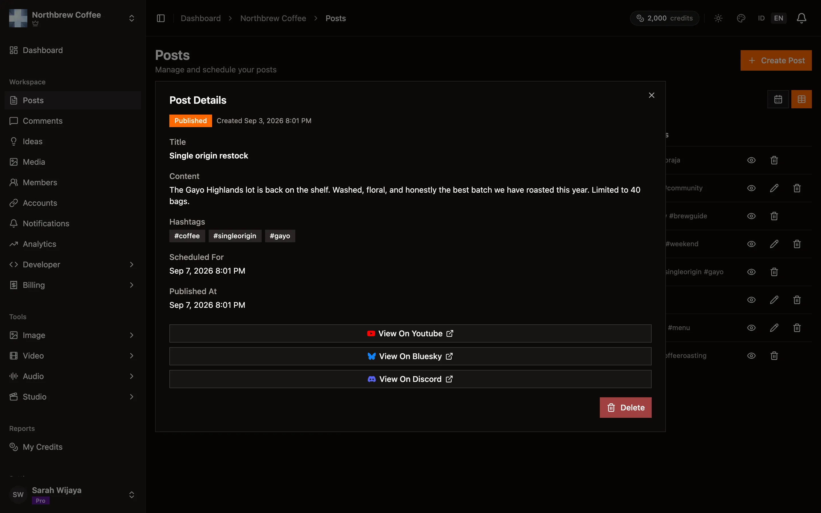 A published post's detail view with links out to the live post on each platform.