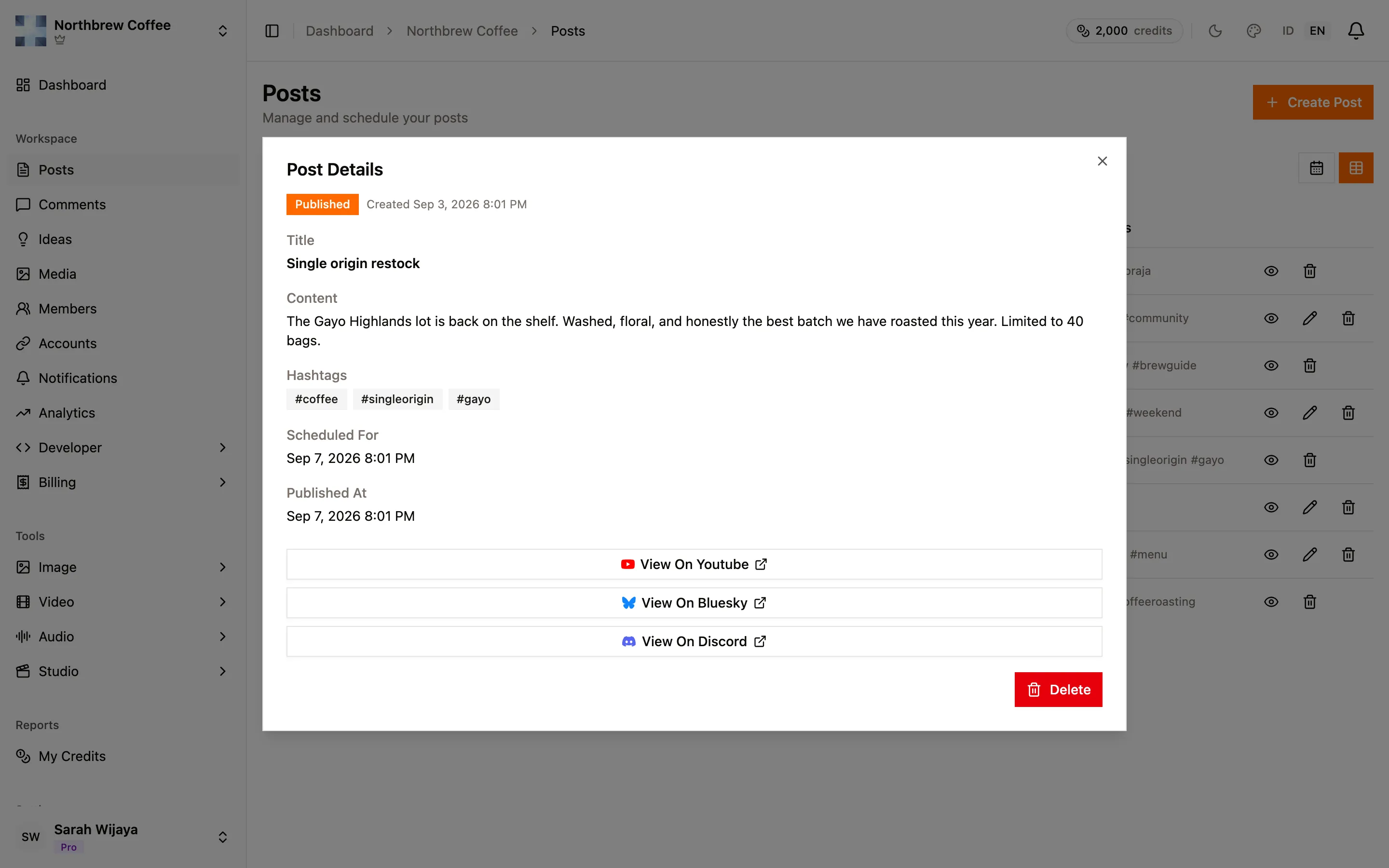 A published post's detail view with links out to the live post on each platform.