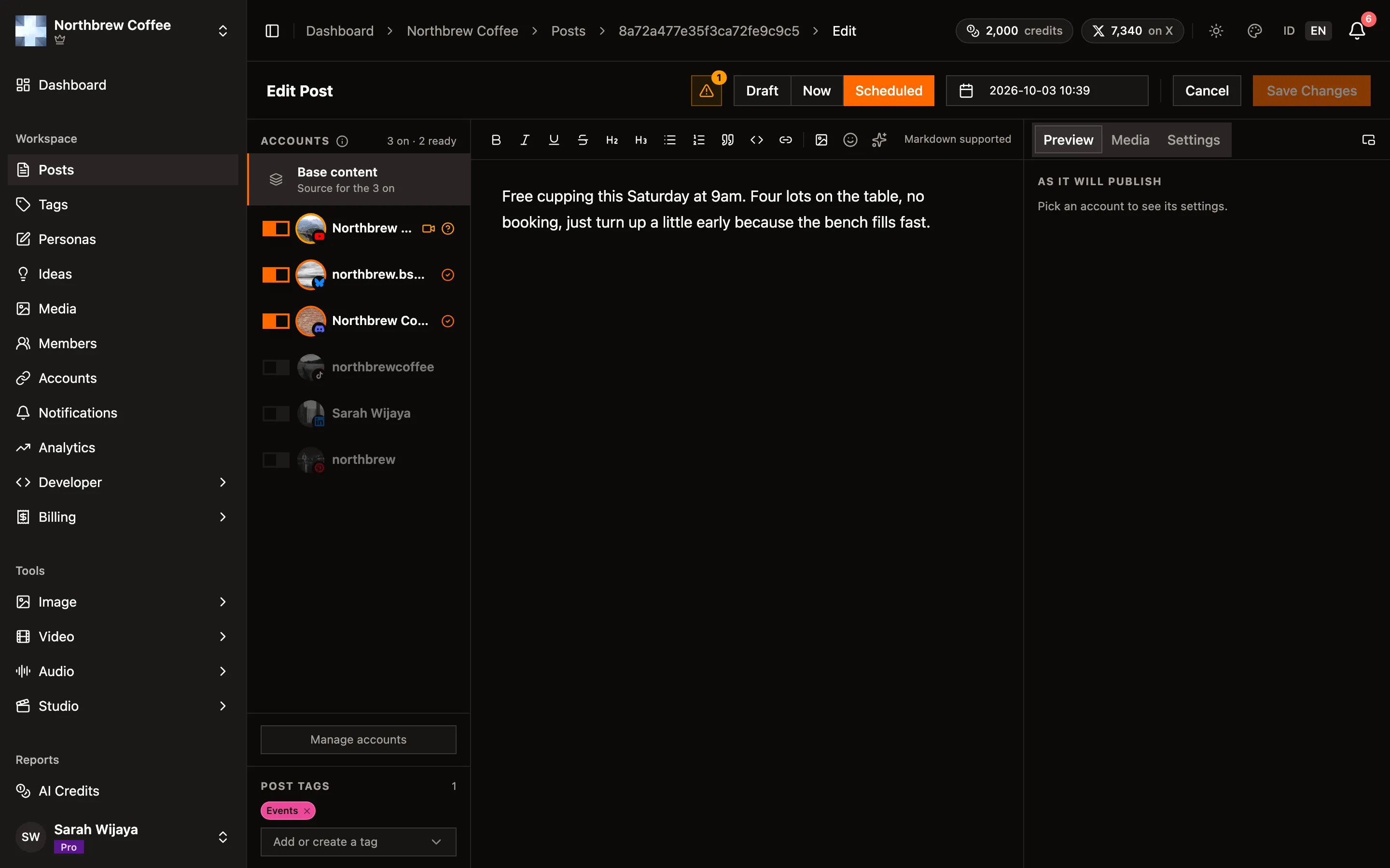 The composer header with Scheduled selected, showing the date and time picker.