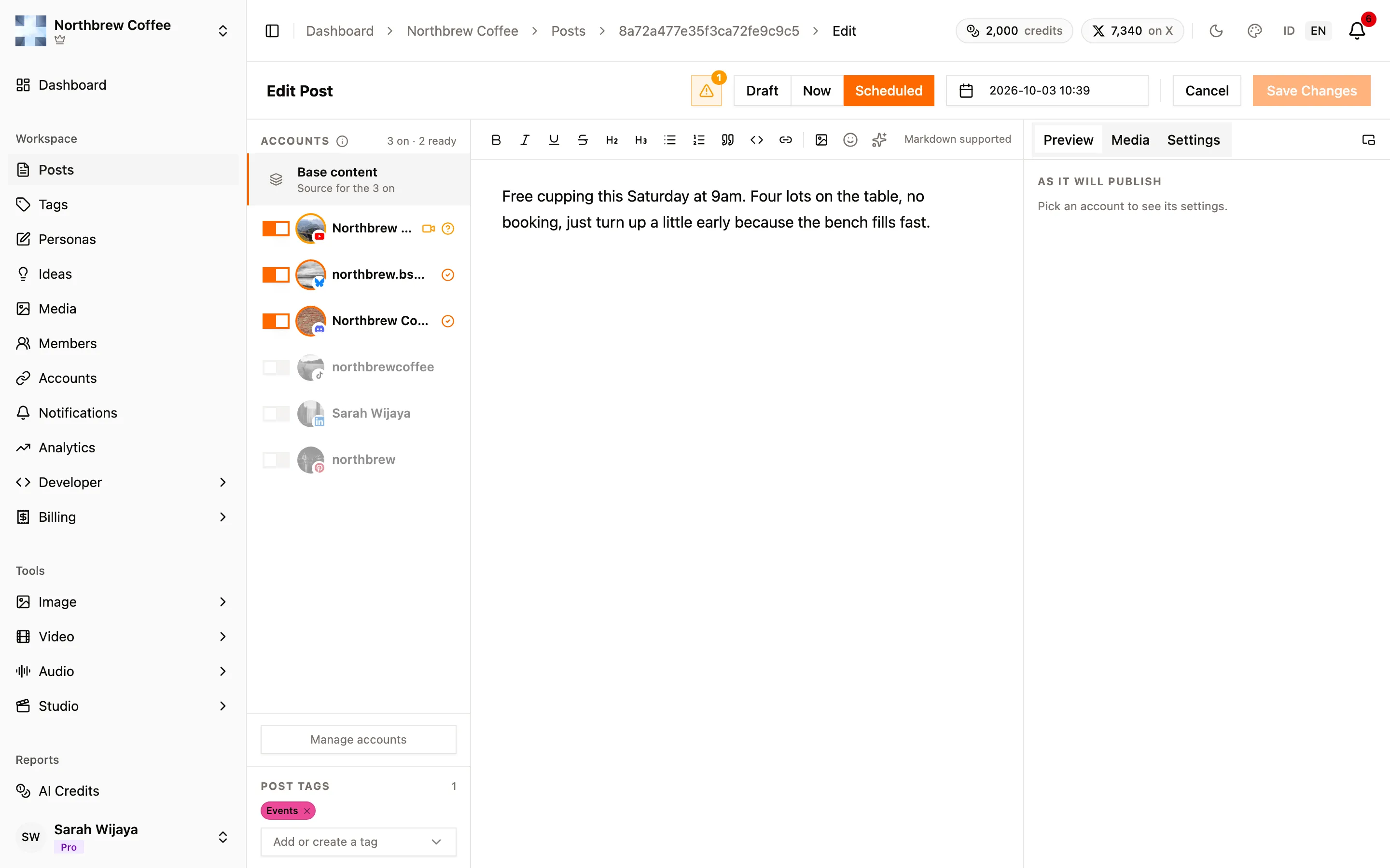 The composer header with Scheduled selected, showing the date and time picker.