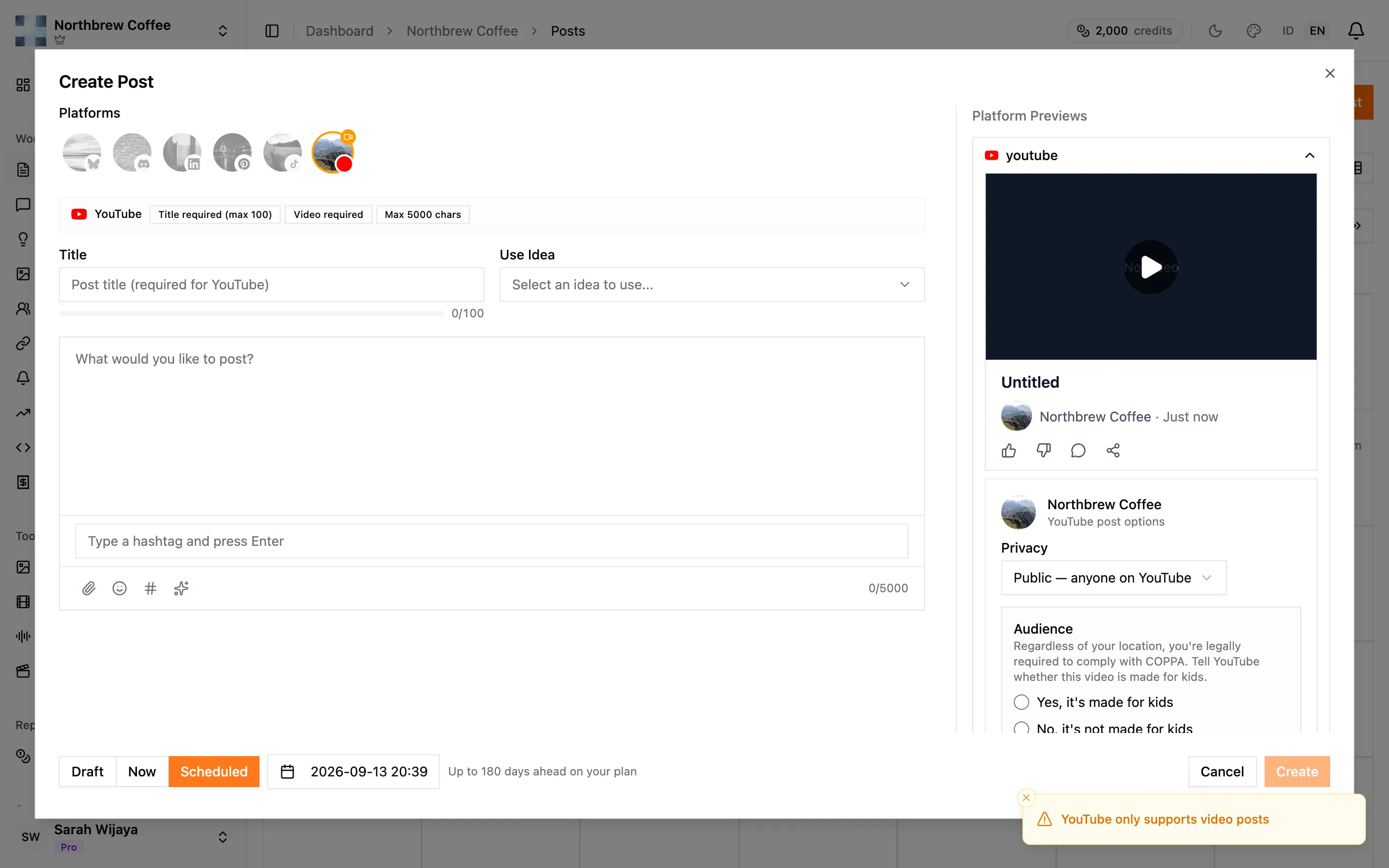 The composer footer with Scheduled selected, showing the date picker and the plan's scheduling horizon.