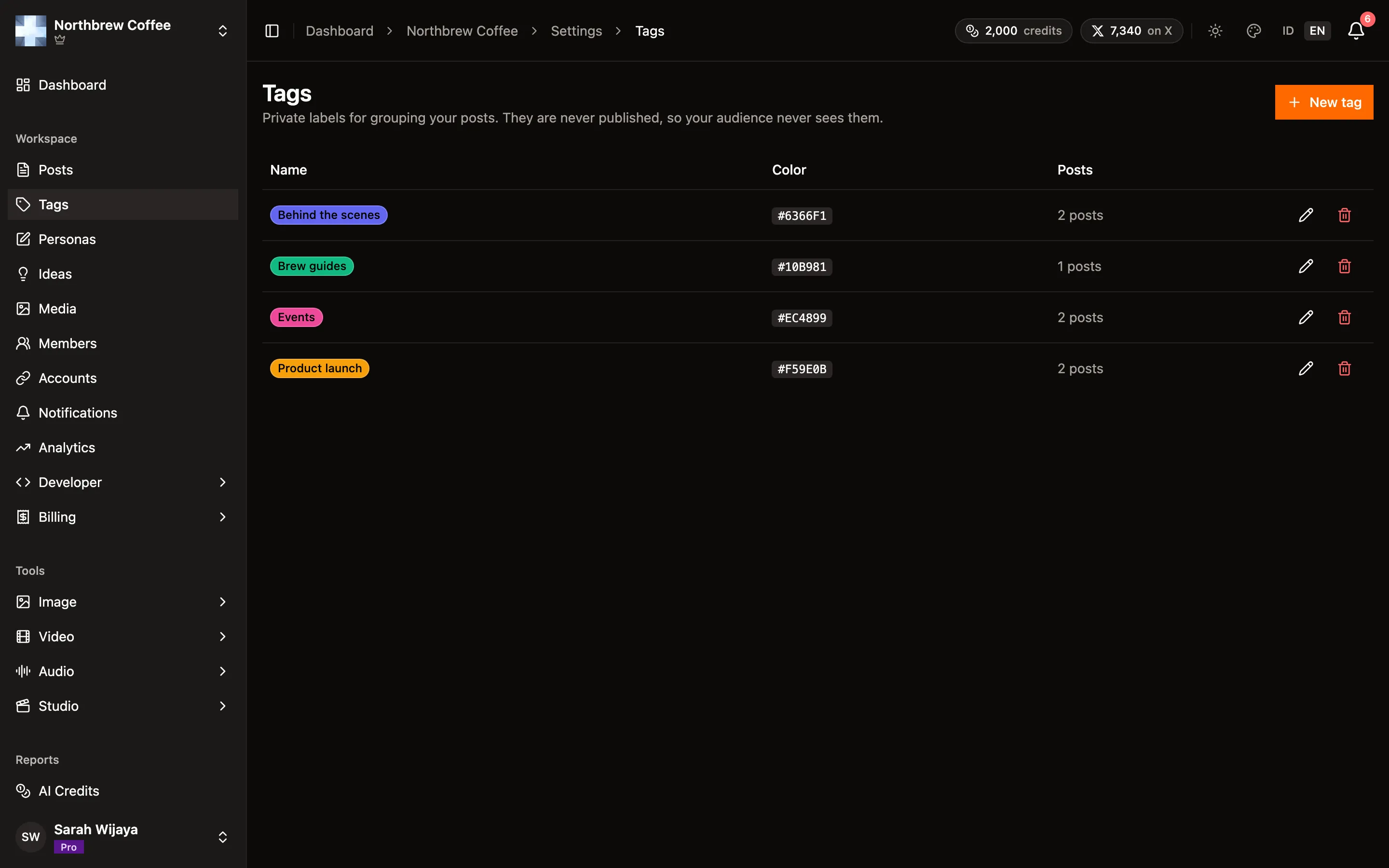 The Tags page listing tags with a color swatch and how many posts carry each one.