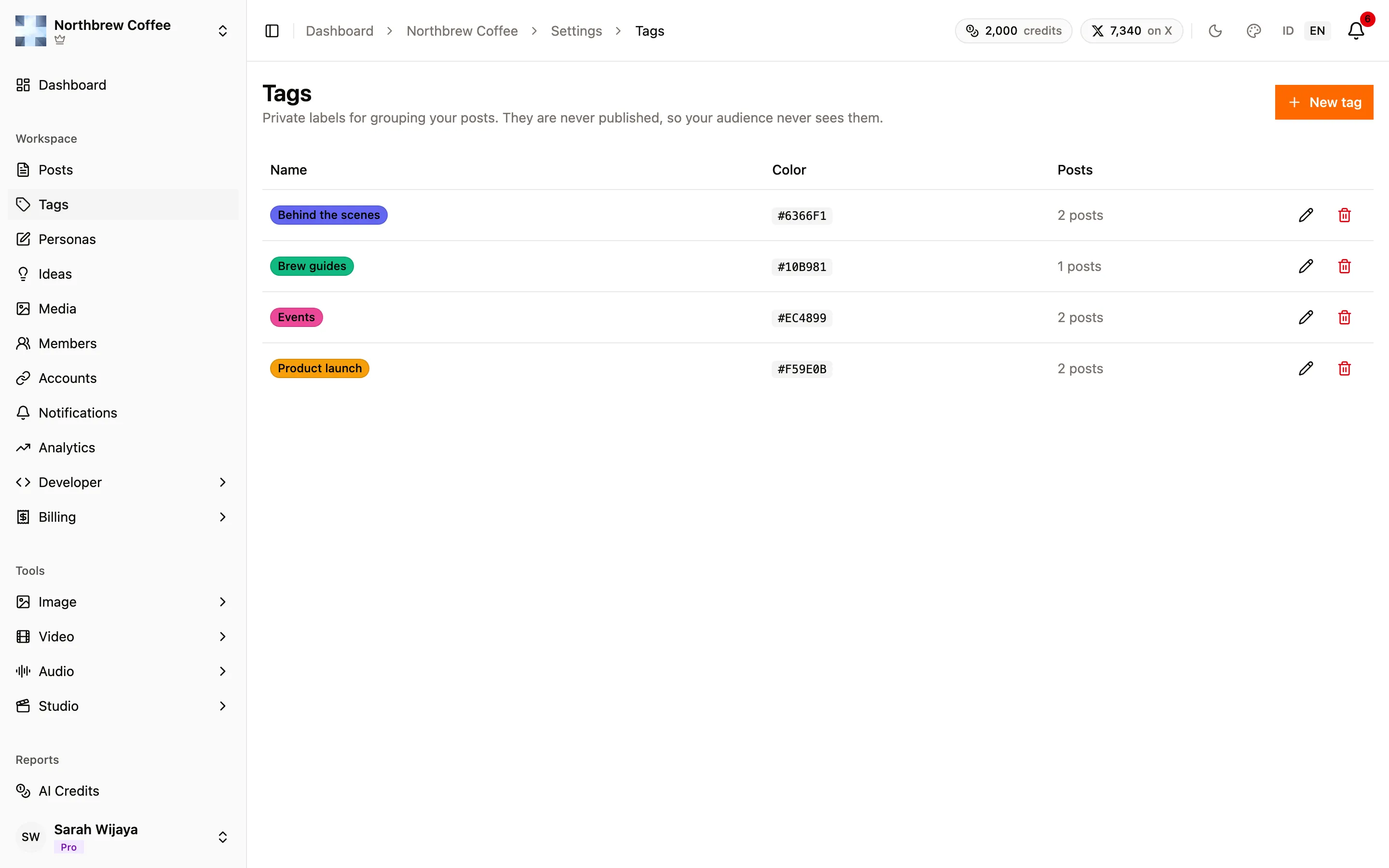 The Tags page listing tags with a color swatch and how many posts carry each one.