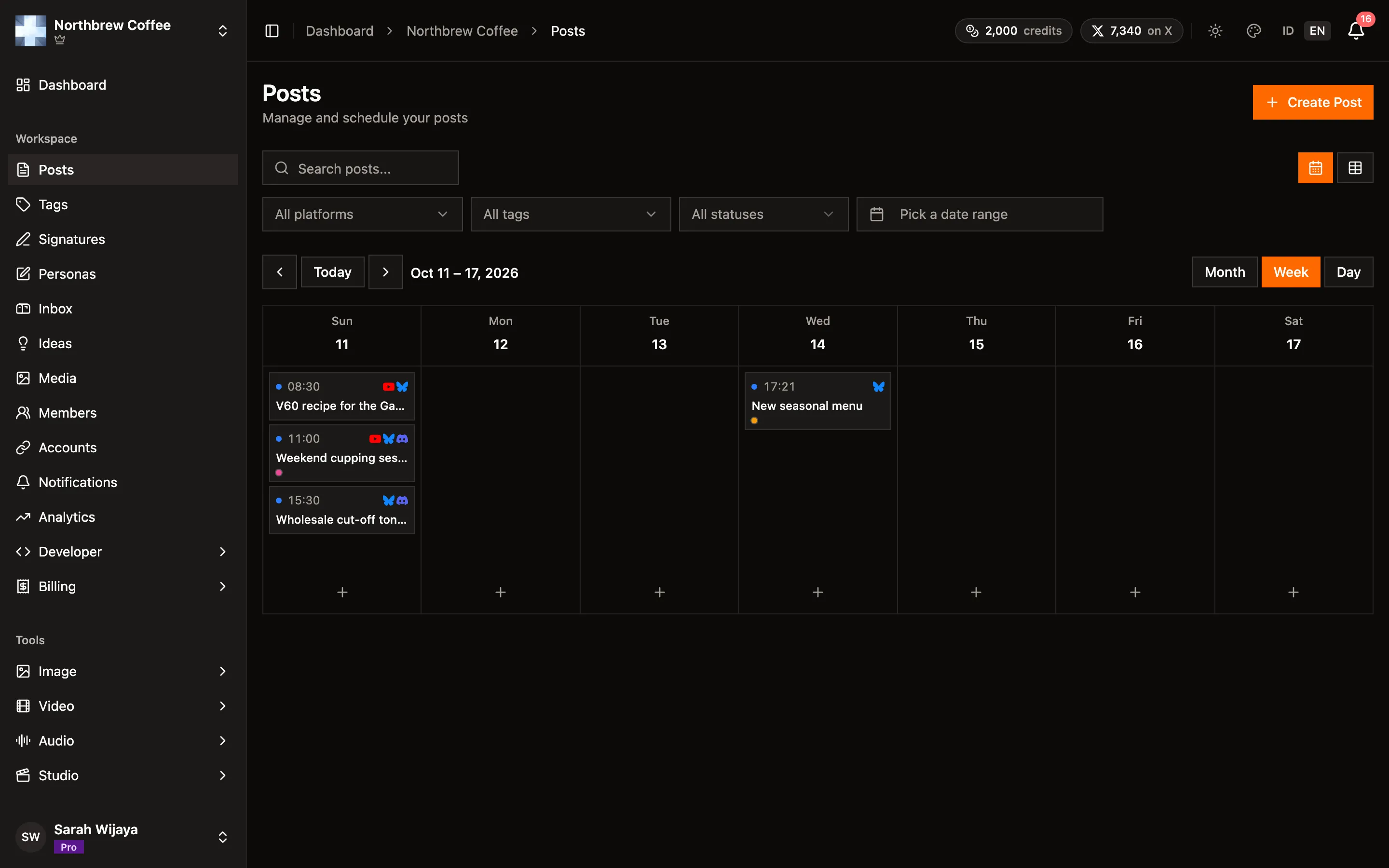 The Posts calendar in Week view, seven day columns with each post's time, platforms and title.