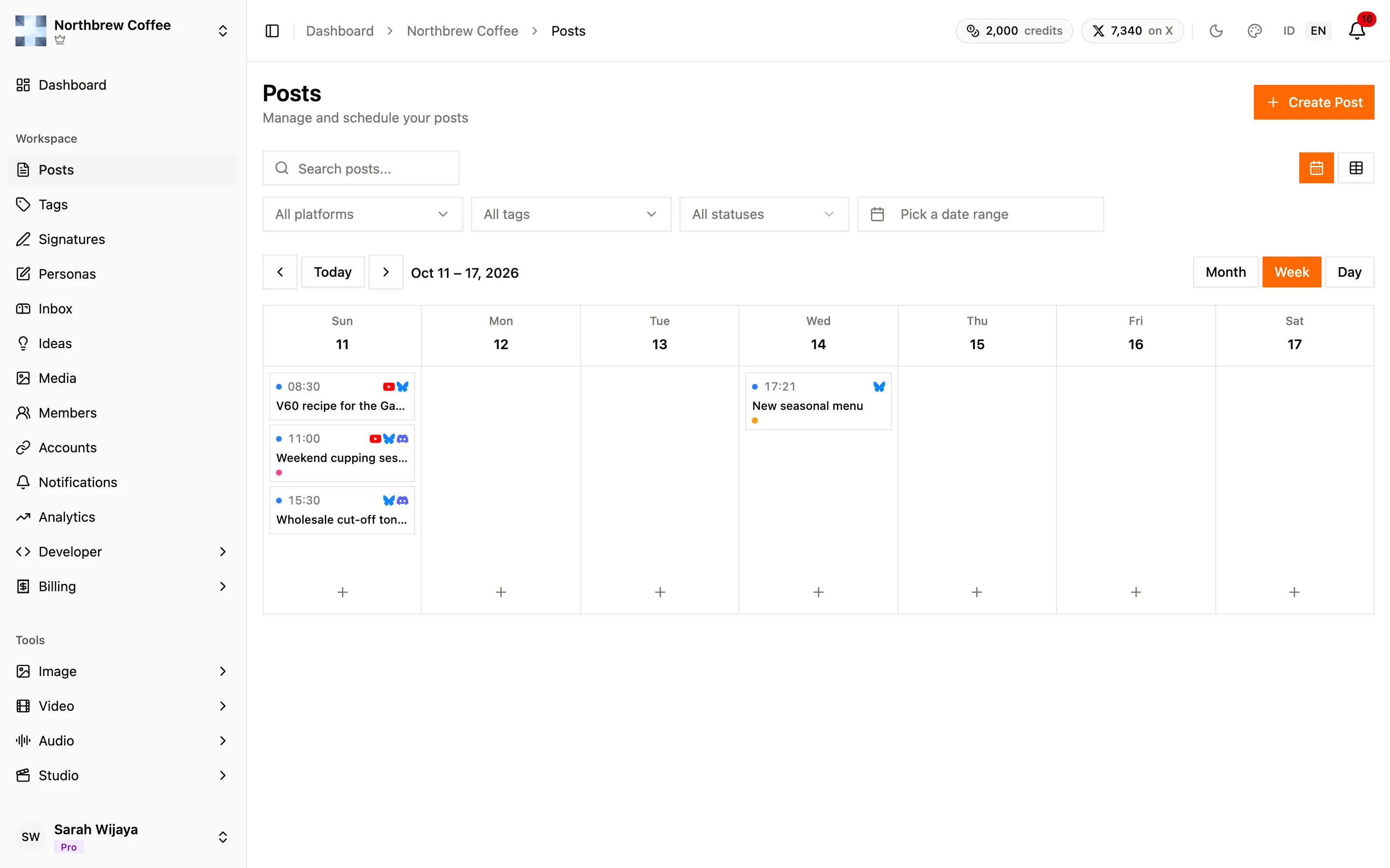 The Posts calendar in Week view, seven day columns with each post's time, platforms and title.