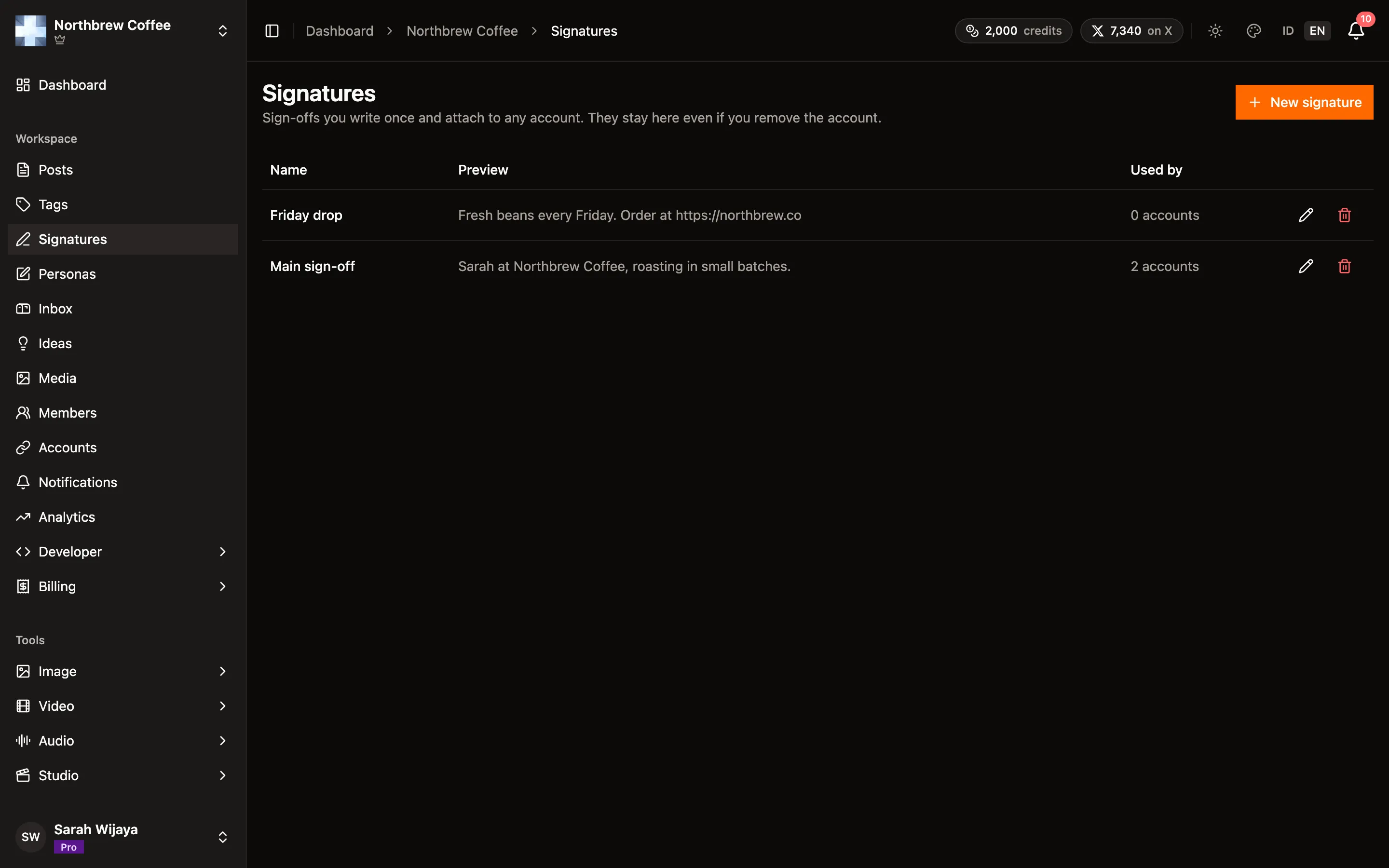 The Signatures page listing two signatures with a preview line and how many accounts use each.