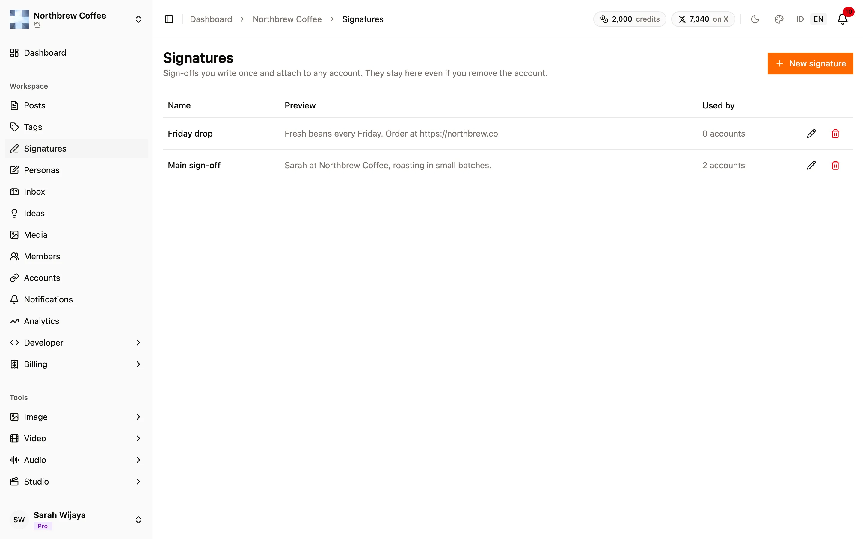 The Signatures page listing two signatures with a preview line and how many accounts use each.