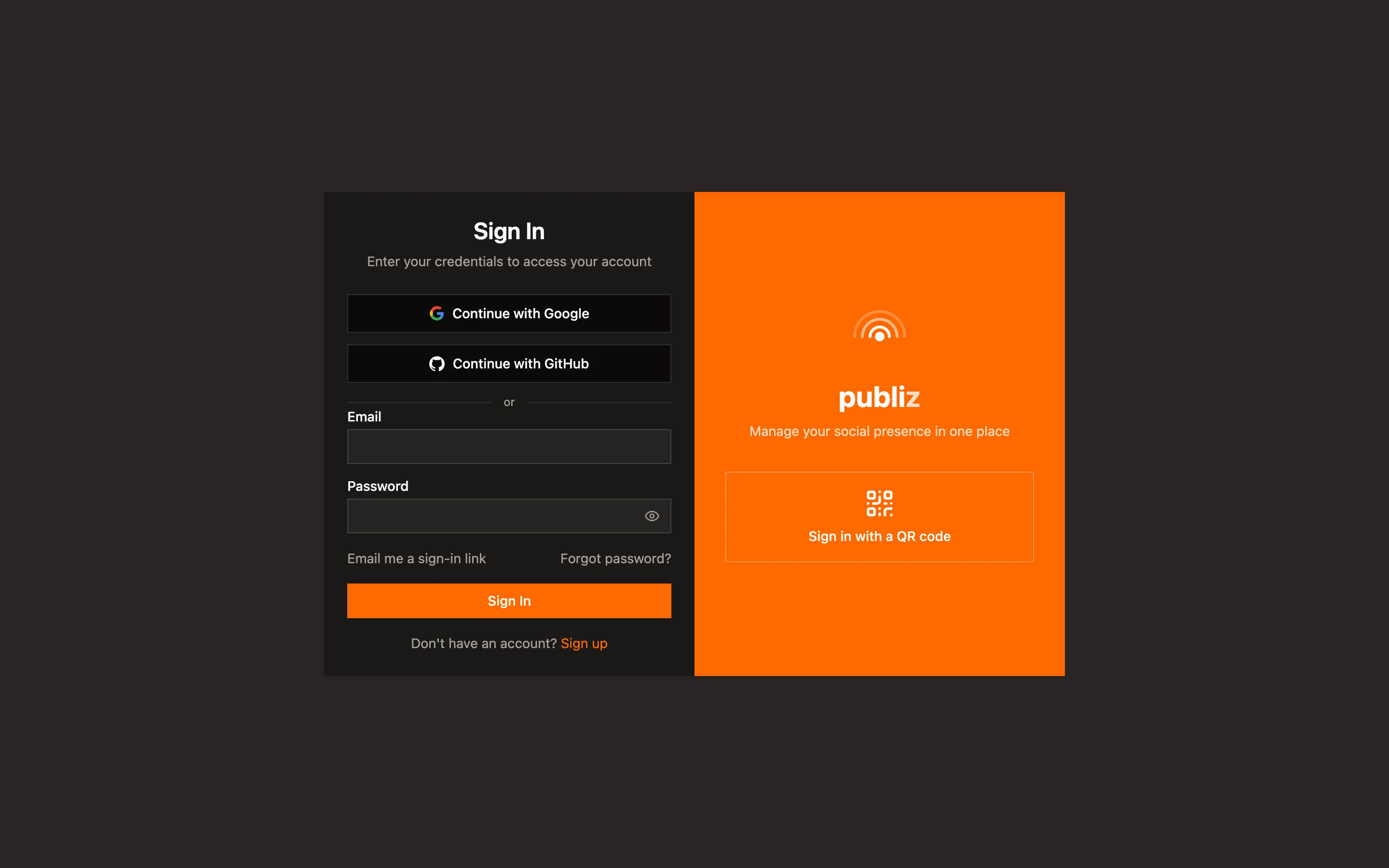 The Publiz sign-in page with social buttons, an email and password form, and links for the magic link and QR options.