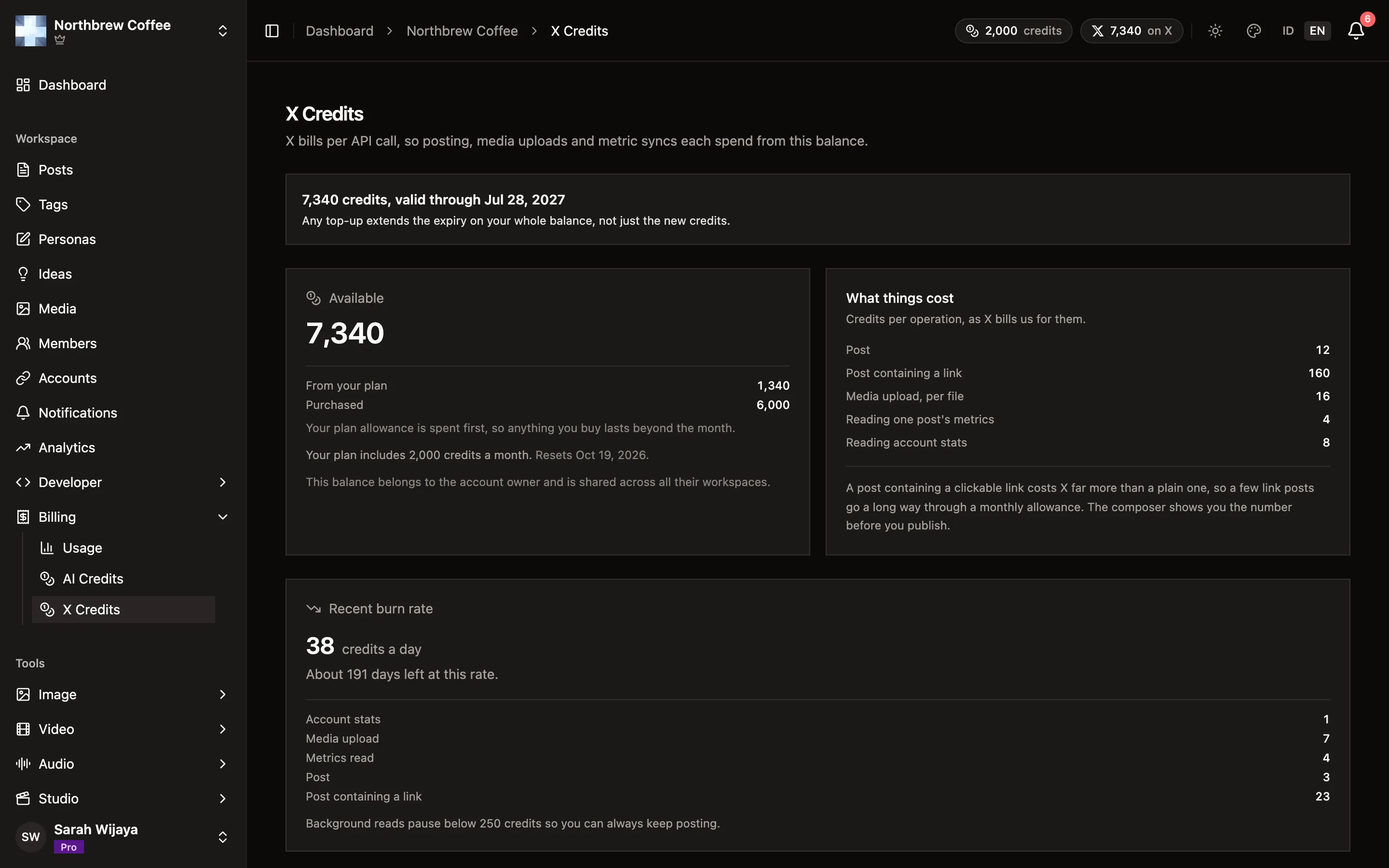 The X Credits page with the available balance, the price list, and the top-up packs.