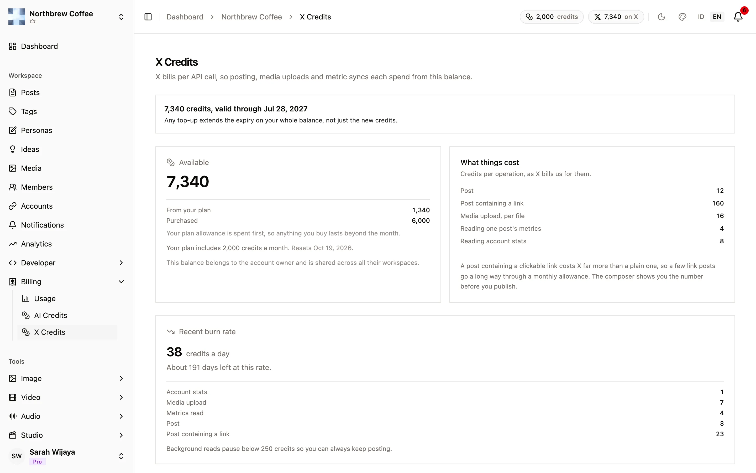 The X Credits page with the available balance, the price list, and the top-up packs.